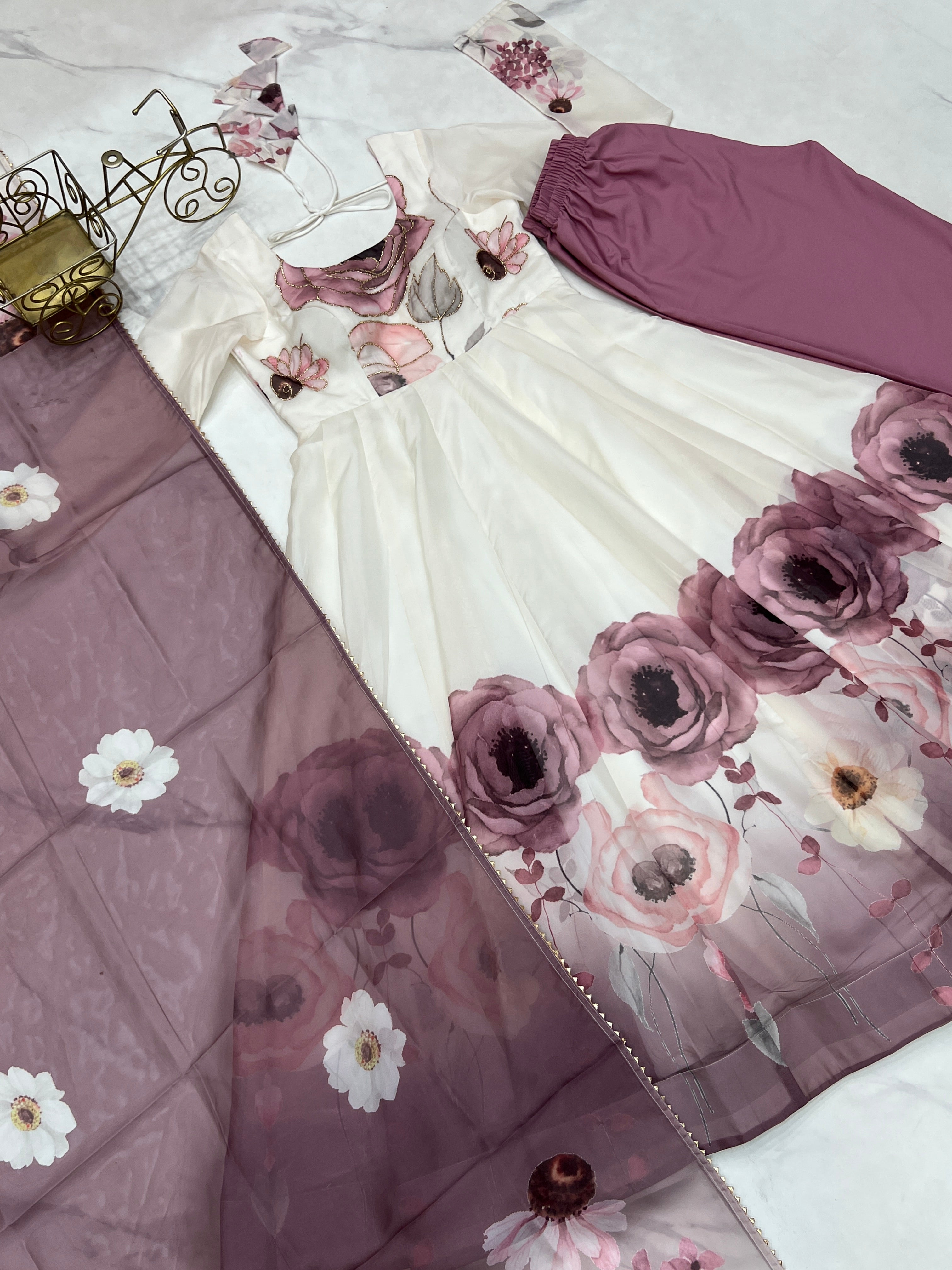 Organza Silk Anarkali Set with Badla Jari Handwork & Gota Patti Dupatta