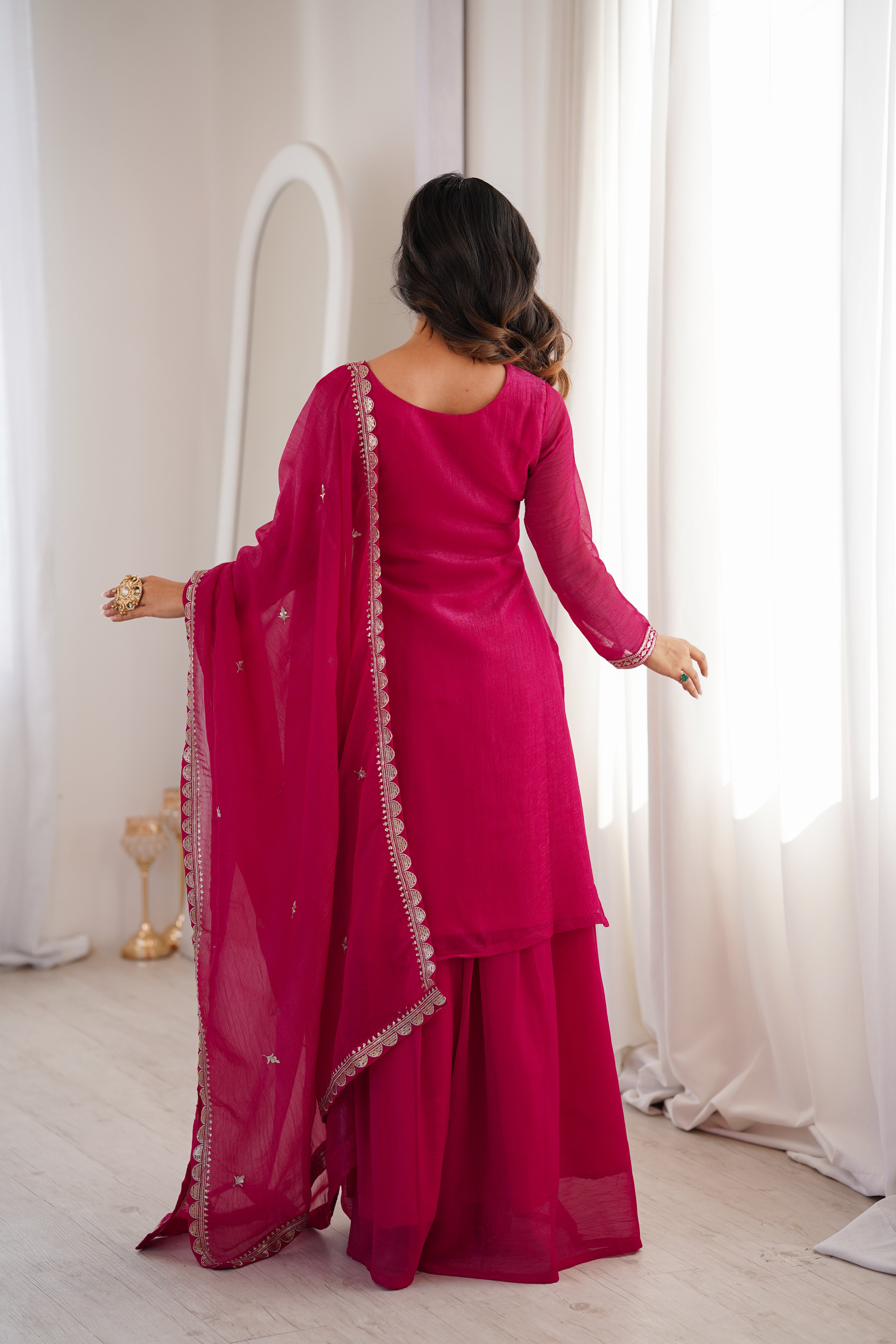 PURE SOFT CRUNCHY SILK FABRIC TOP,SHARARA WITH DUPATTA SET READY TO WEAR