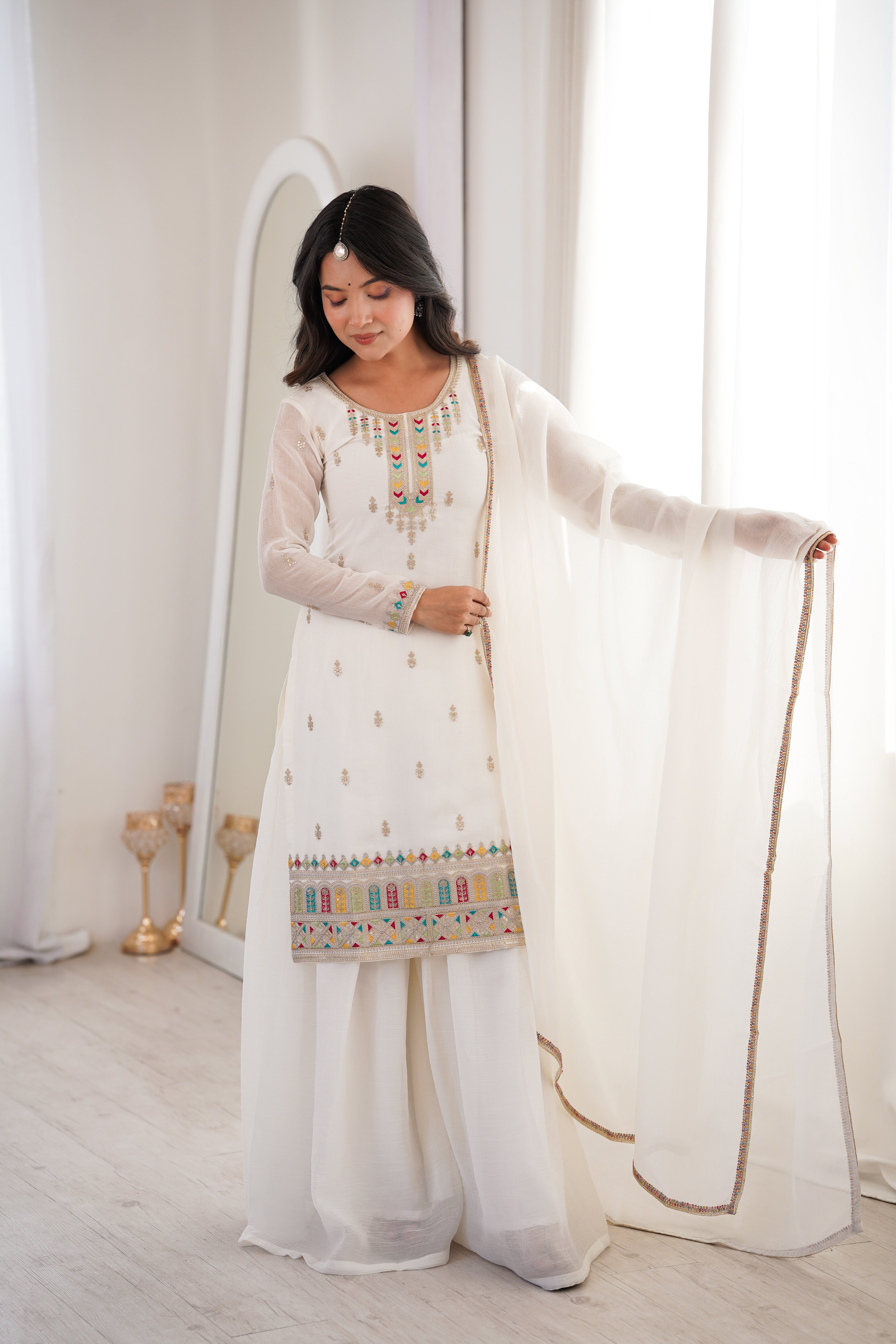 White Soft Silk Kurta Sharara Set