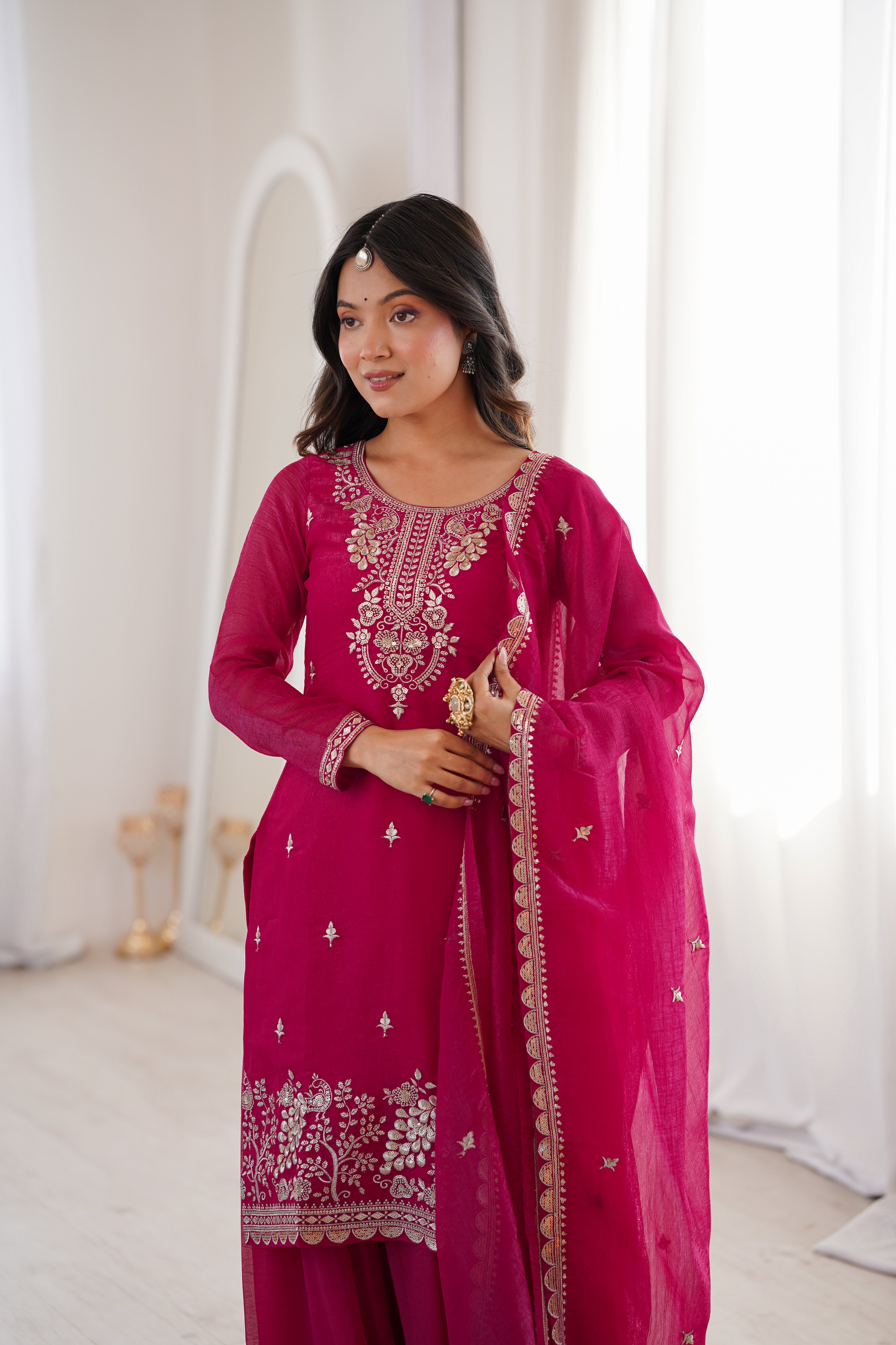 PURE SOFT CRUNCHY SILK FABRIC TOP,SHARARA WITH DUPATTA SET READY TO WEAR
