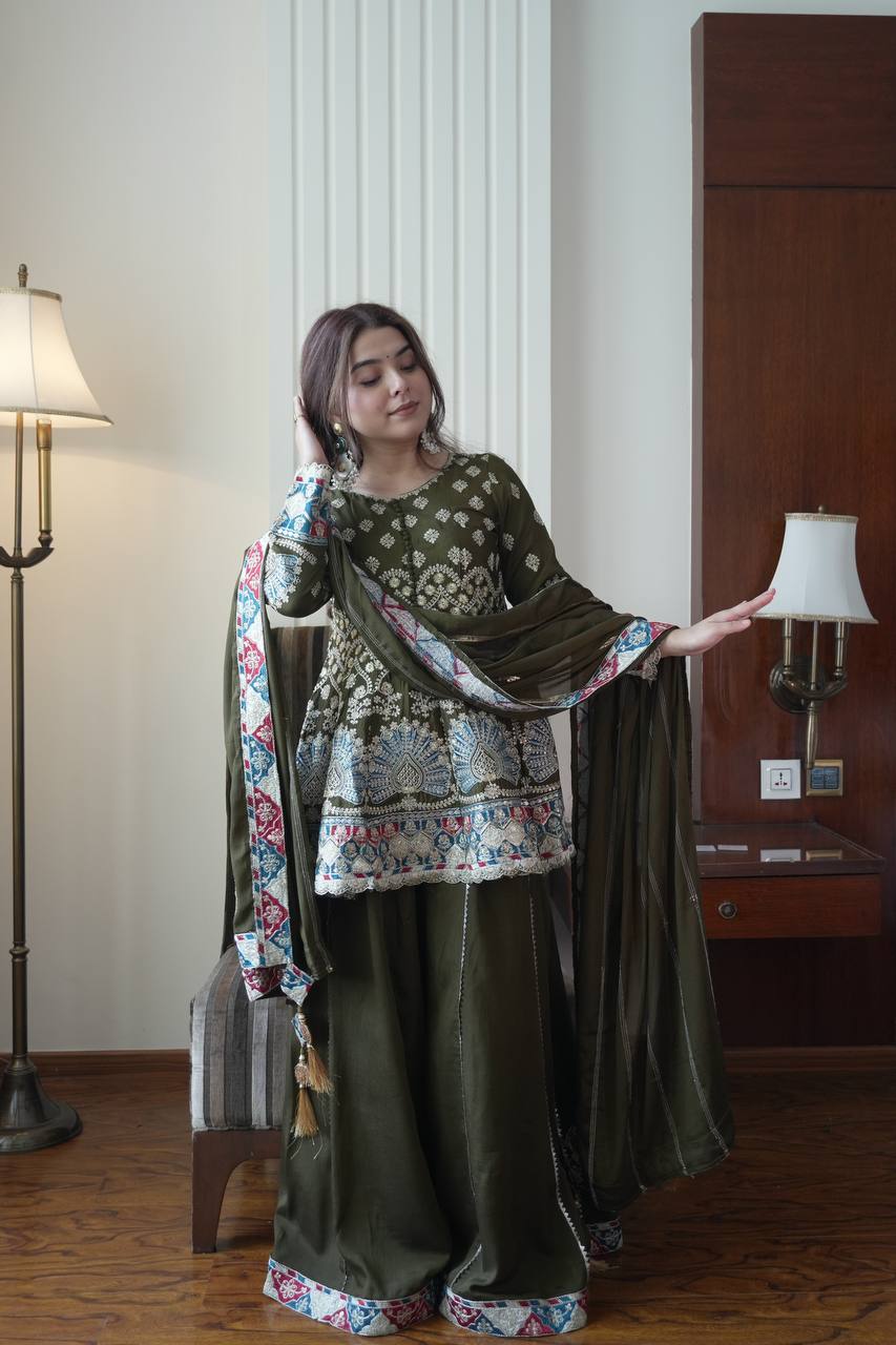 Olive Green Printed Kurti with Palazzo & Dupatta SeT