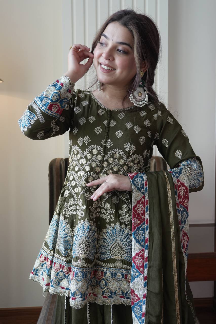 Olive Green Printed Kurti with Palazzo & Dupatta SeT