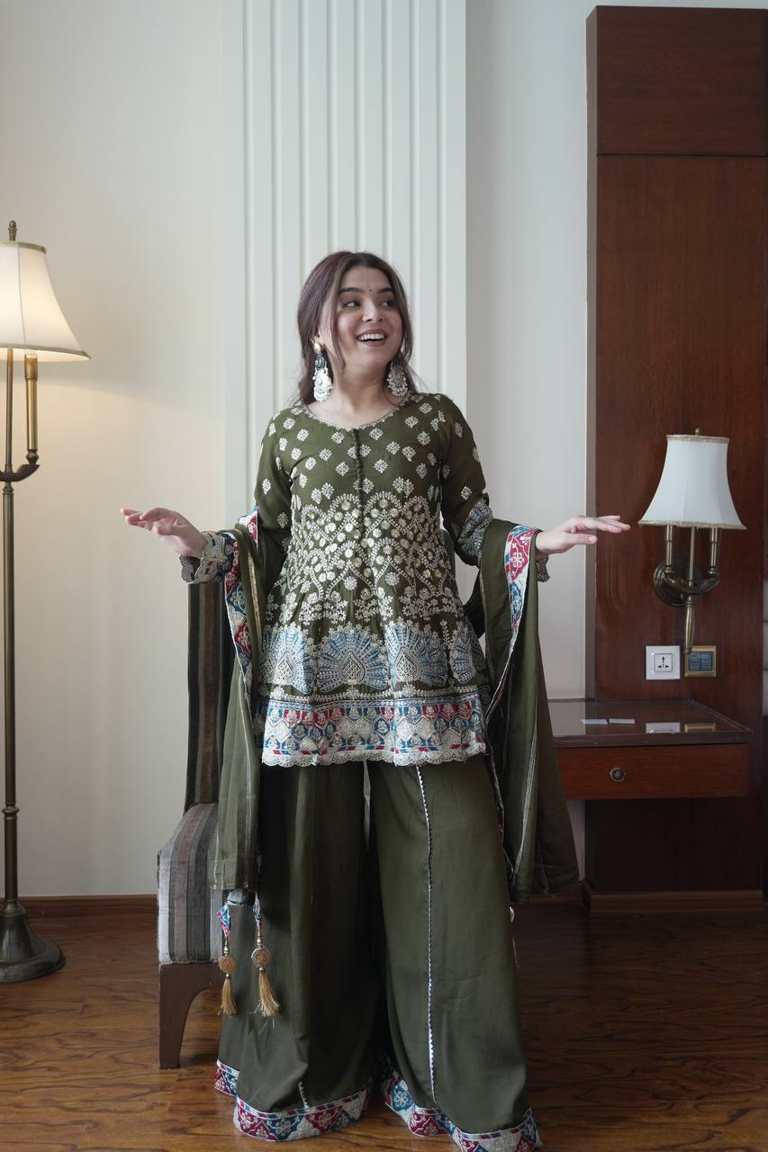 Olive Green Printed Kurti with Palazzo & Dupatta SeT