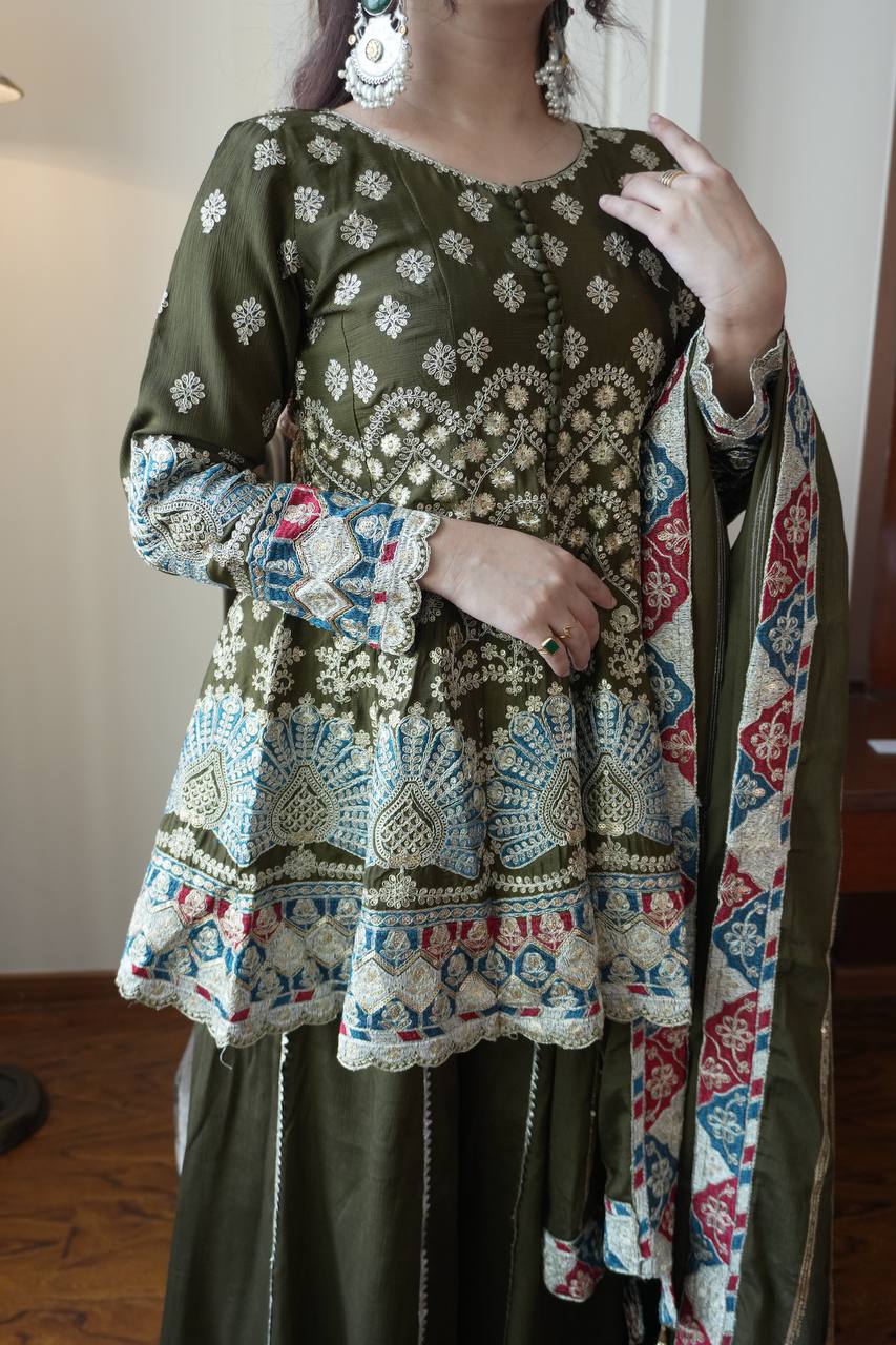 Olive Green Printed Kurti with Palazzo & Dupatta SeT