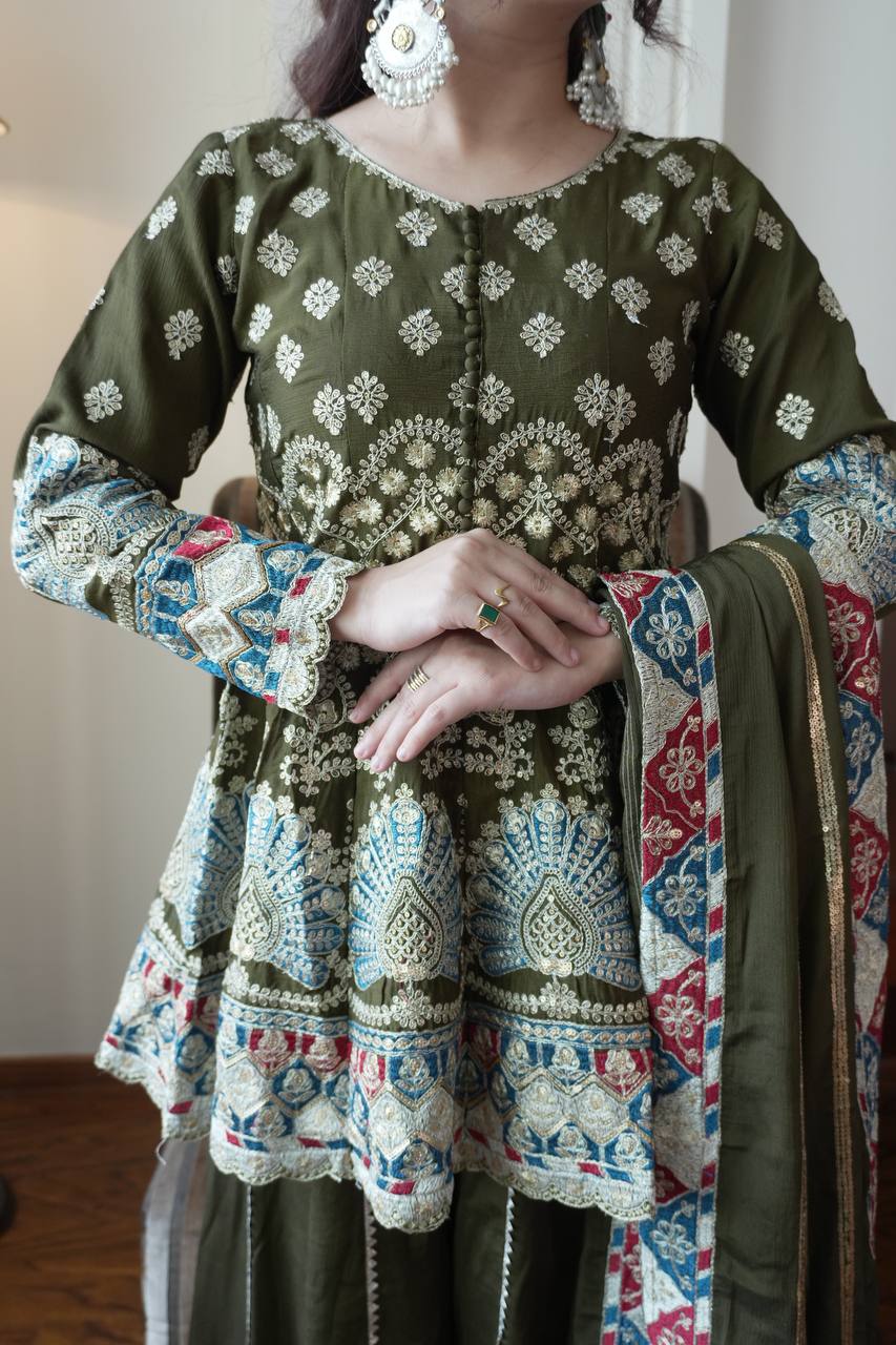 Olive Green Printed Kurti with Palazzo & Dupatta SeT