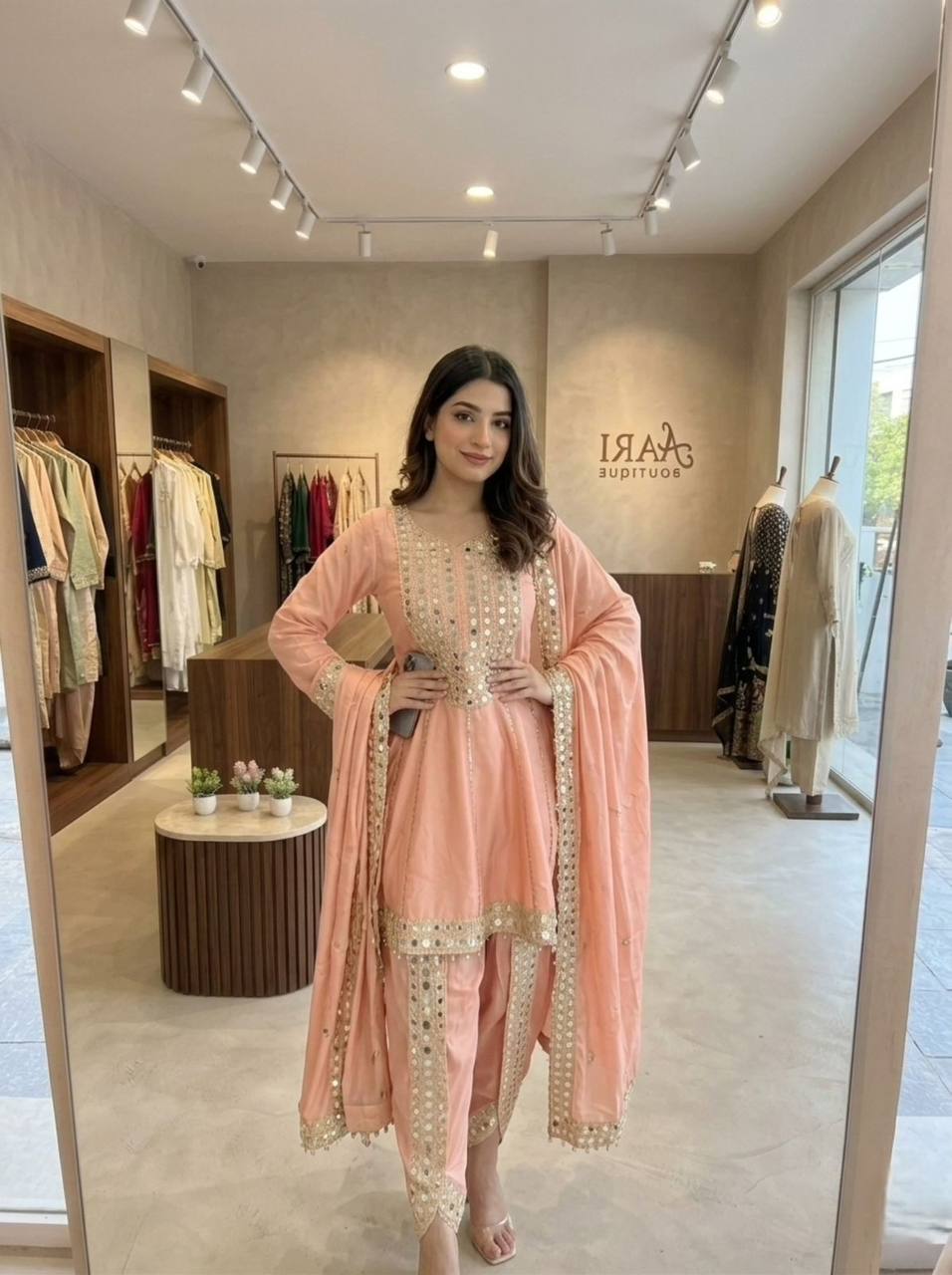 Peach Real Mirror Embroidered Chanderi Top with Tulip Dhoti and Dupatta Set