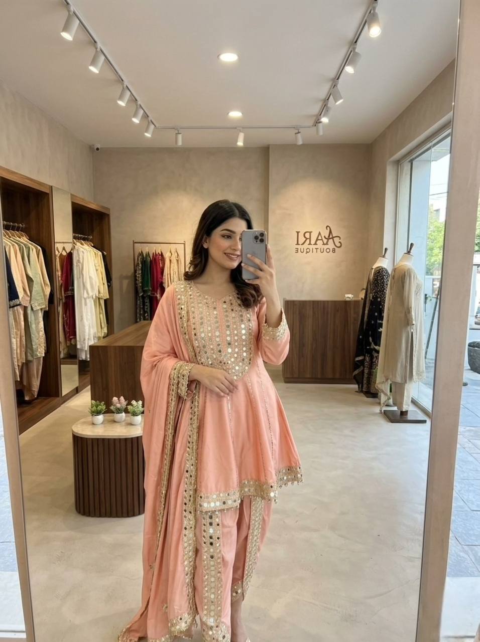Peach Real Mirror Embroidered Chanderi Top with Tulip Dhoti and Dupatta Set