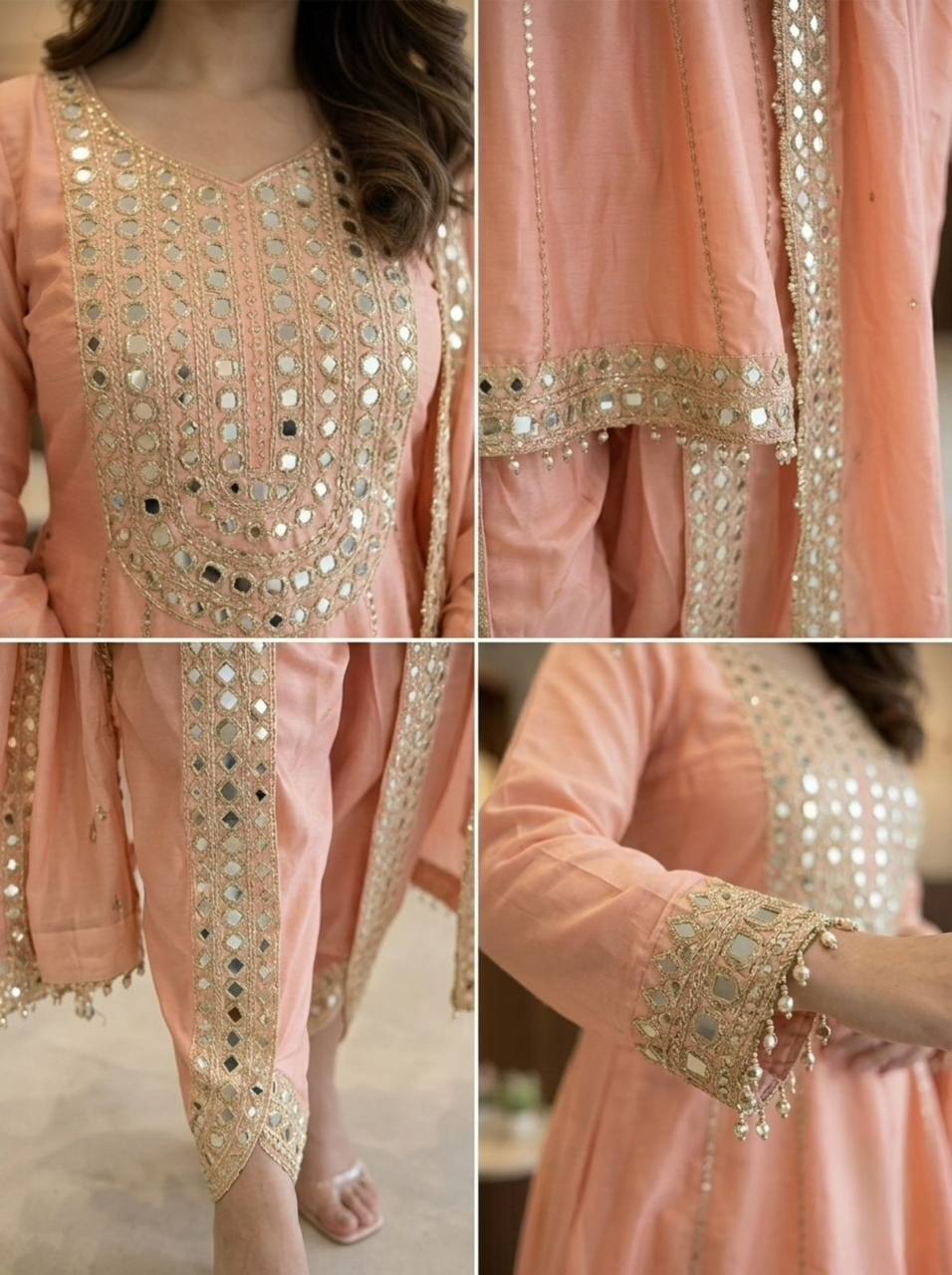Peach Real Mirror Embroidered Chanderi Top with Tulip Dhoti and Dupatta Set