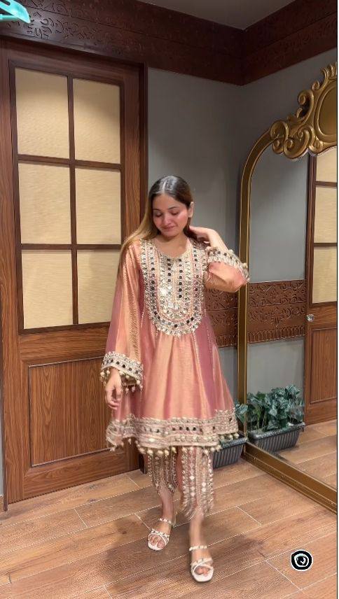 Peach Real Mirror Embroidered Chanderi Top with Tulip Dhoti and Dupatta Set