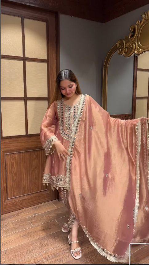 Peach Real Mirror Embroidered Chanderi Top with Tulip Dhoti and Dupatta Set
