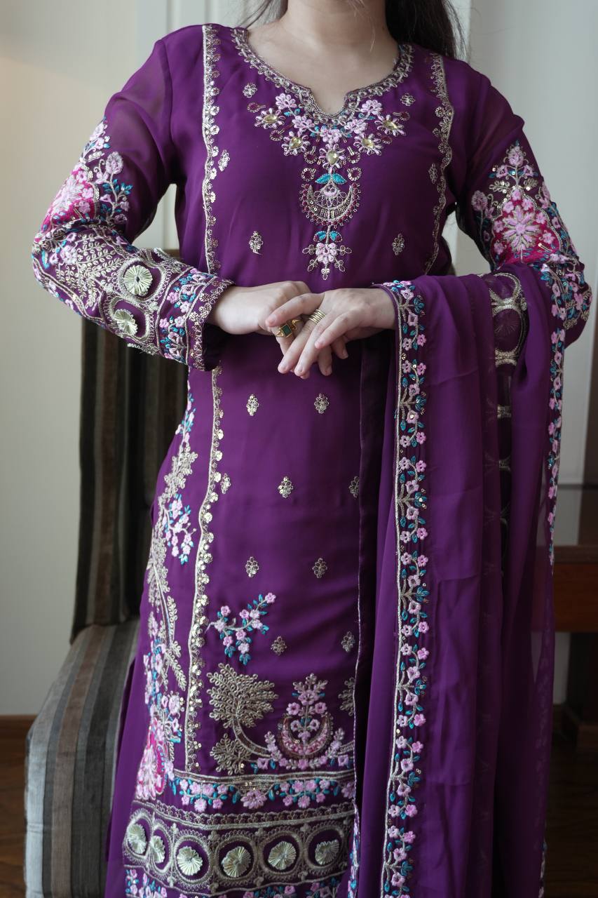 THE AMETHYST COLLECTION FOCUS ON THE RICH PURPLE HUE OF THE FAUX GEORGETTE EMBROIDERED SUIT.