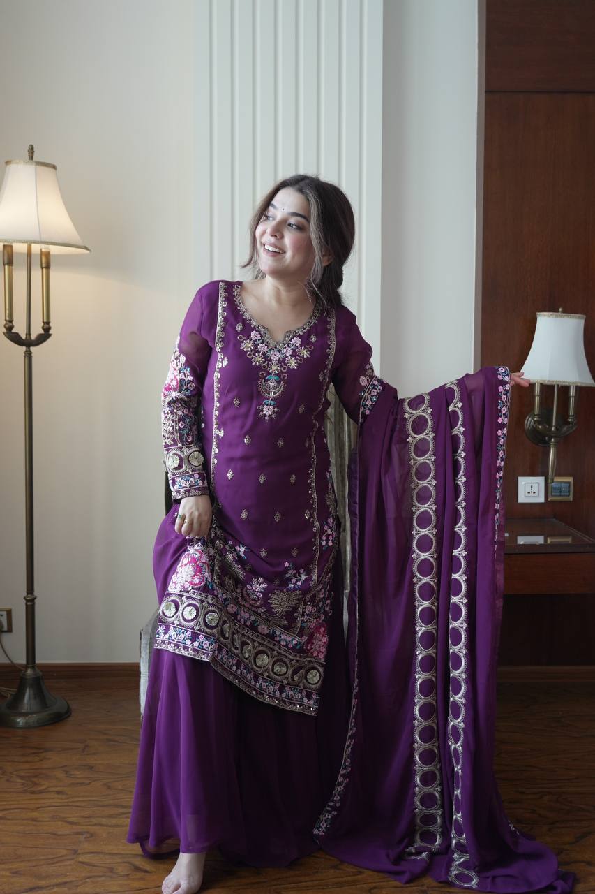 THE AMETHYST COLLECTION FOCUS ON THE RICH PURPLE HUE OF THE FAUX GEORGETTE EMBROIDERED SUIT.