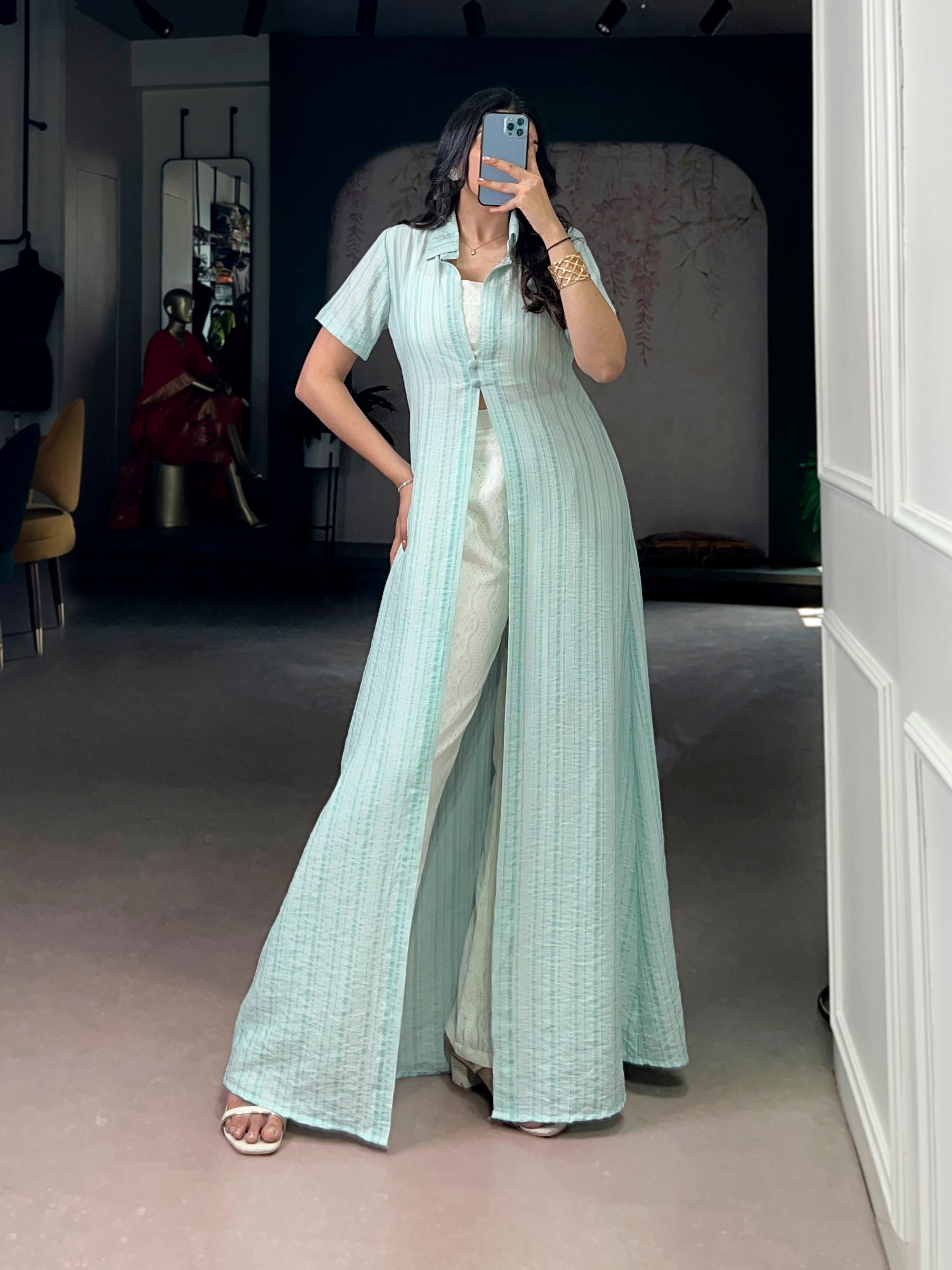 Mint Green Striped Indo-Fusion Set With Overlay Shrug