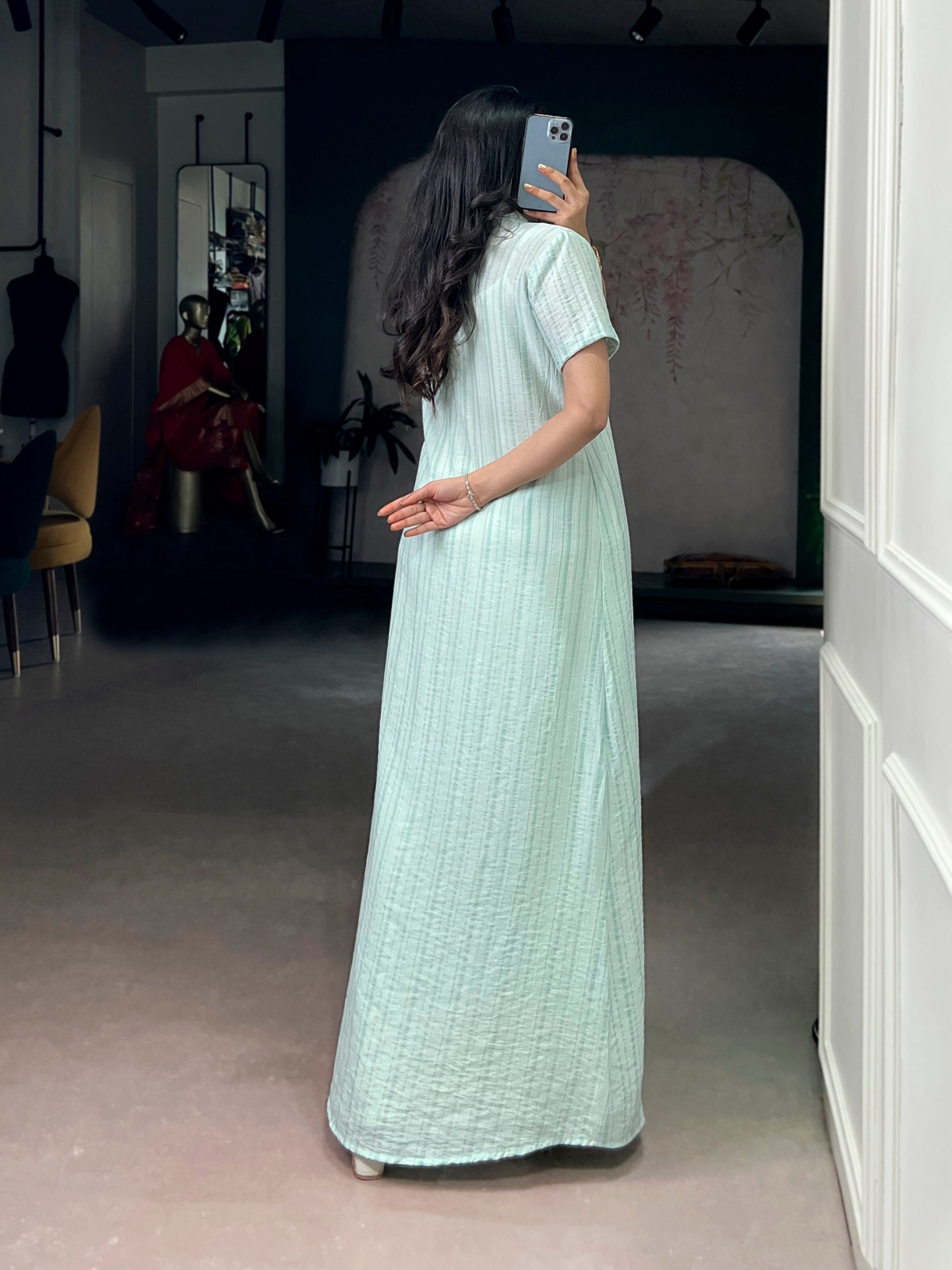 Mint Green Striped Indo-Fusion Set With Overlay Shrug
