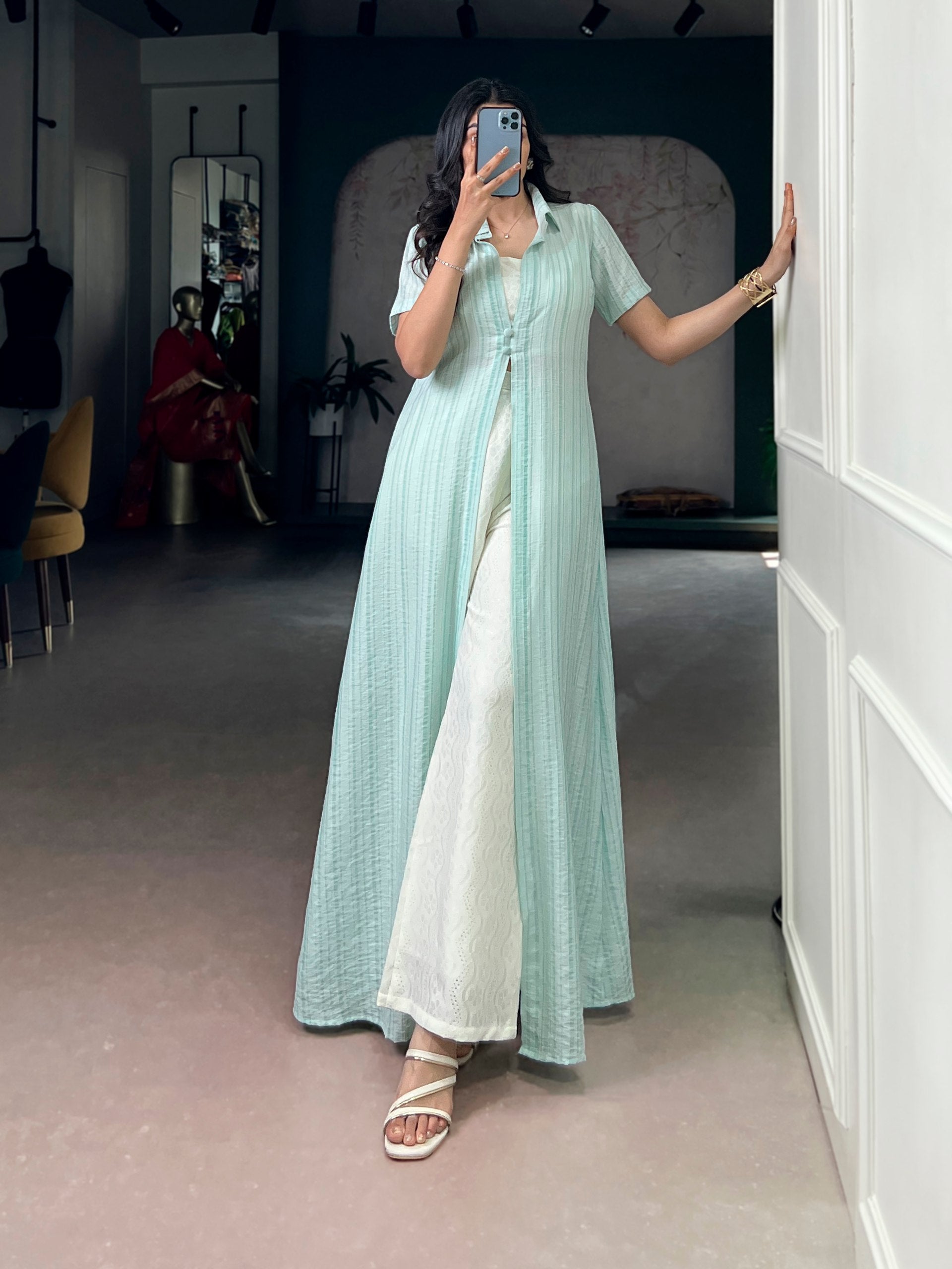 Mint Green Striped Indo-Fusion Set With Overlay Shrug