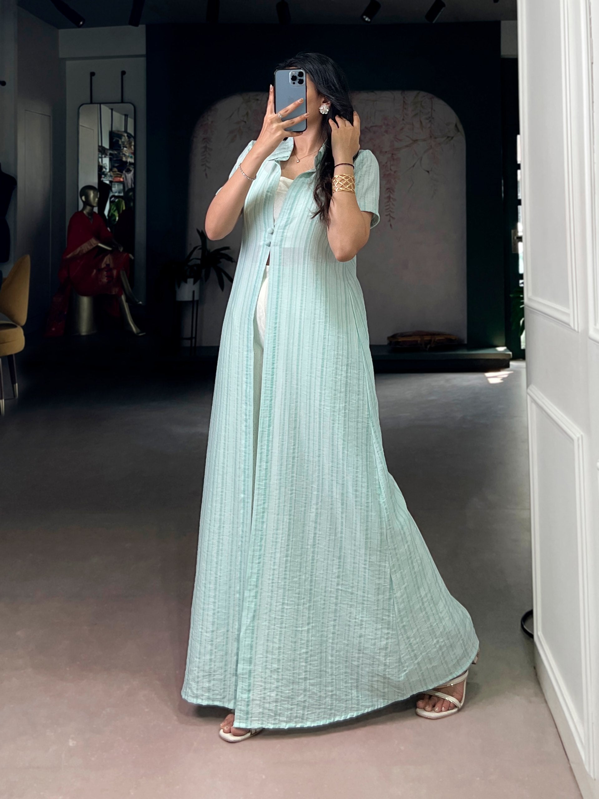 Mint Green Striped Indo-Fusion Set With Overlay Shrug