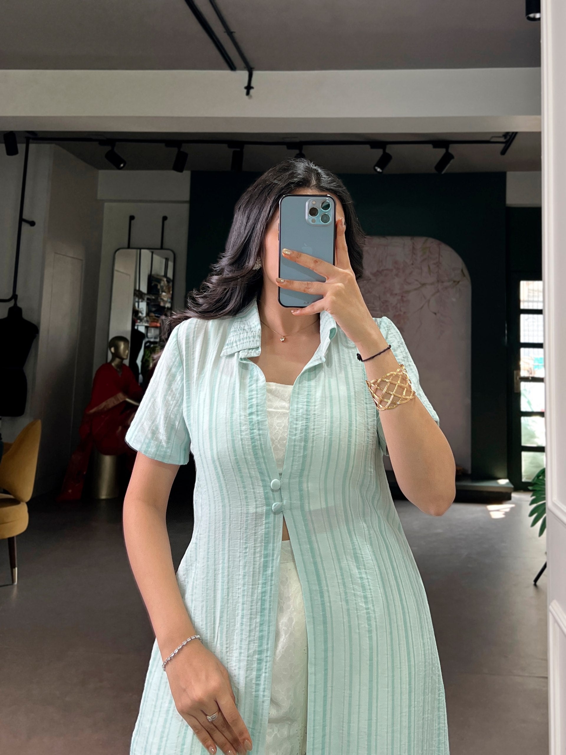 Mint Green Striped Indo-Fusion Set With Overlay Shrug
