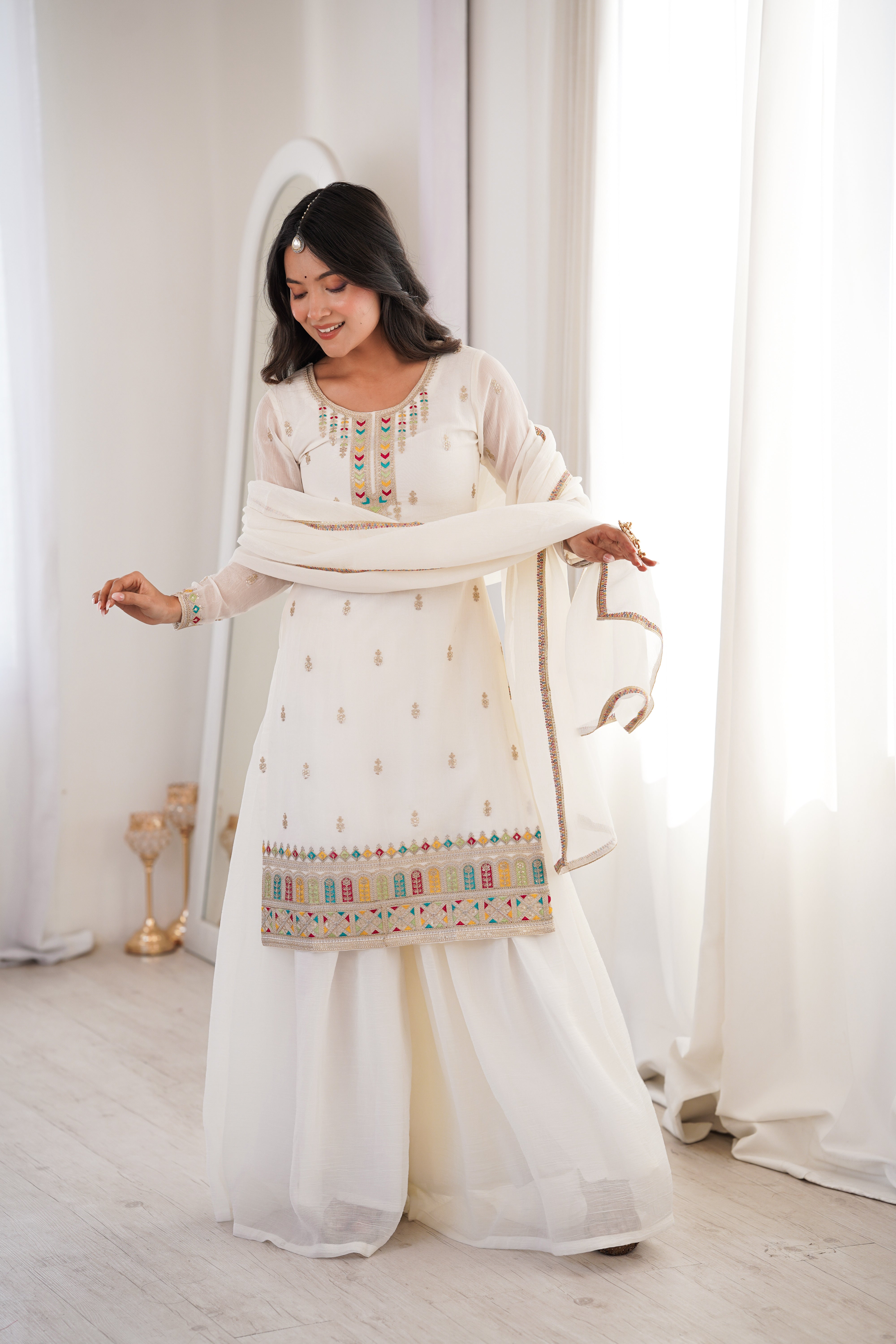 White Soft Silk Kurta Sharara Set