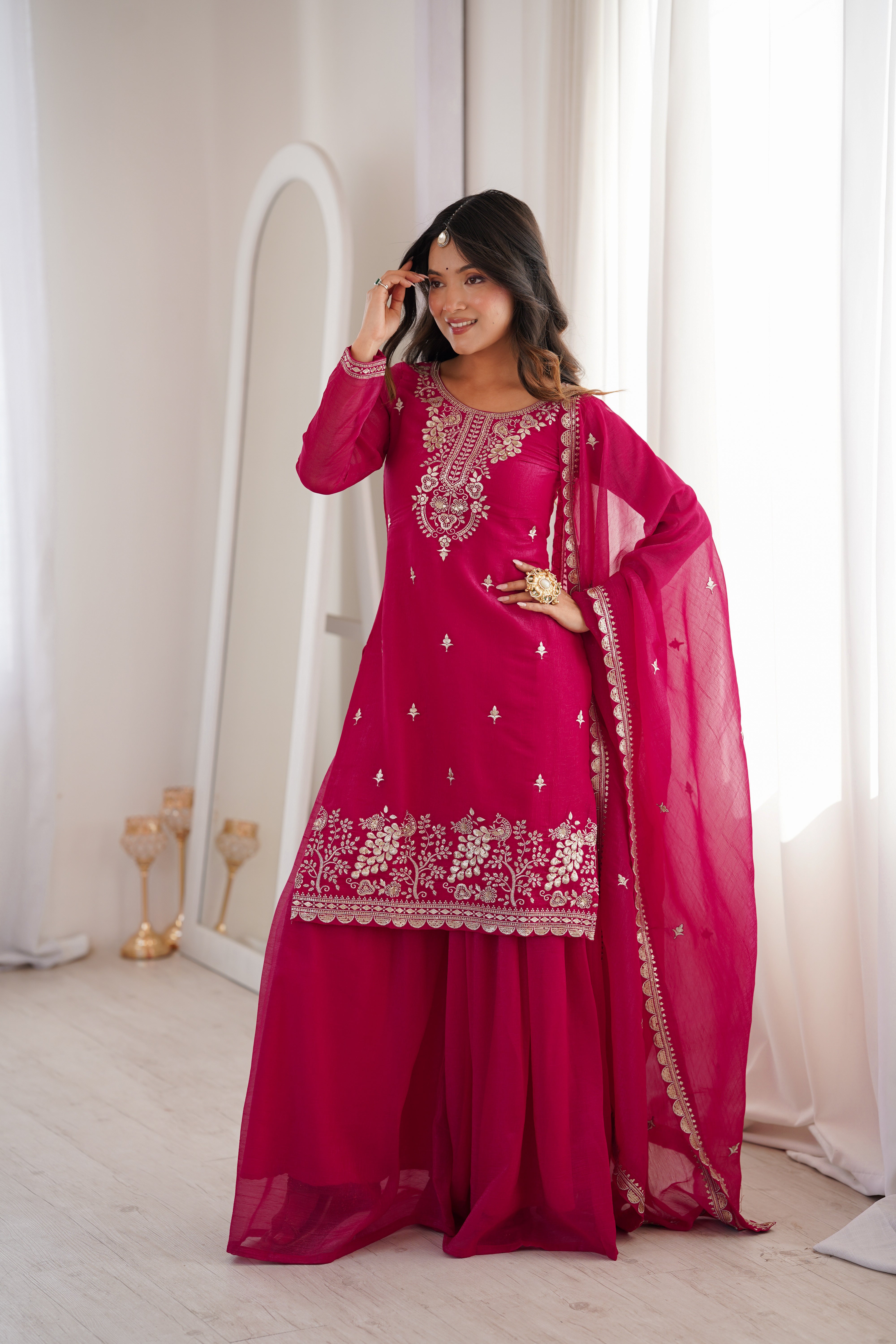 PURE SOFT CRUNCHY SILK FABRIC TOP,SHARARA WITH DUPATTA SET READY TO WEAR