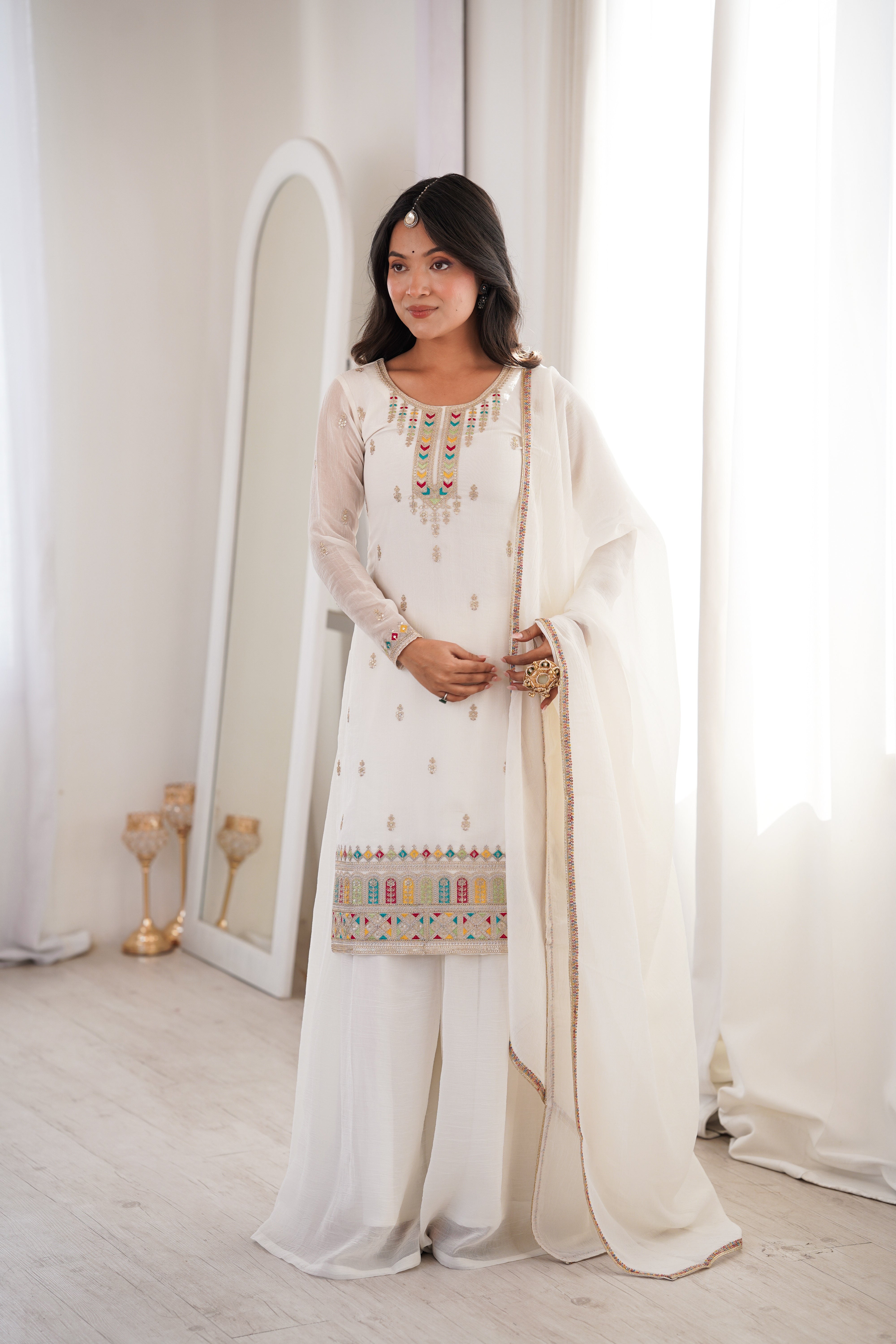 White Soft Silk Kurta Sharara Set