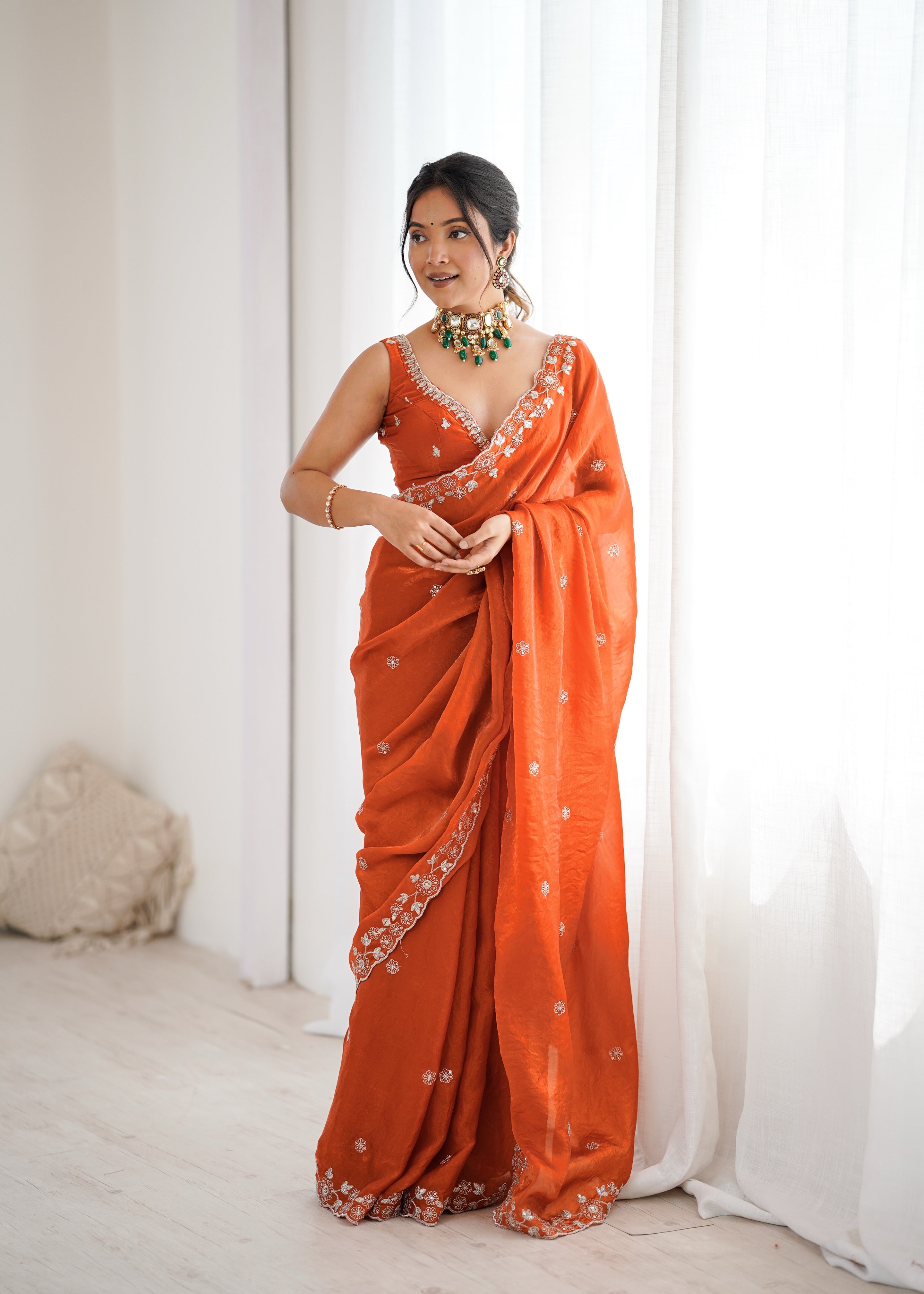 Elegant Orange Embroidered Saree with Designer Blouse – Festive & Wedding Wear