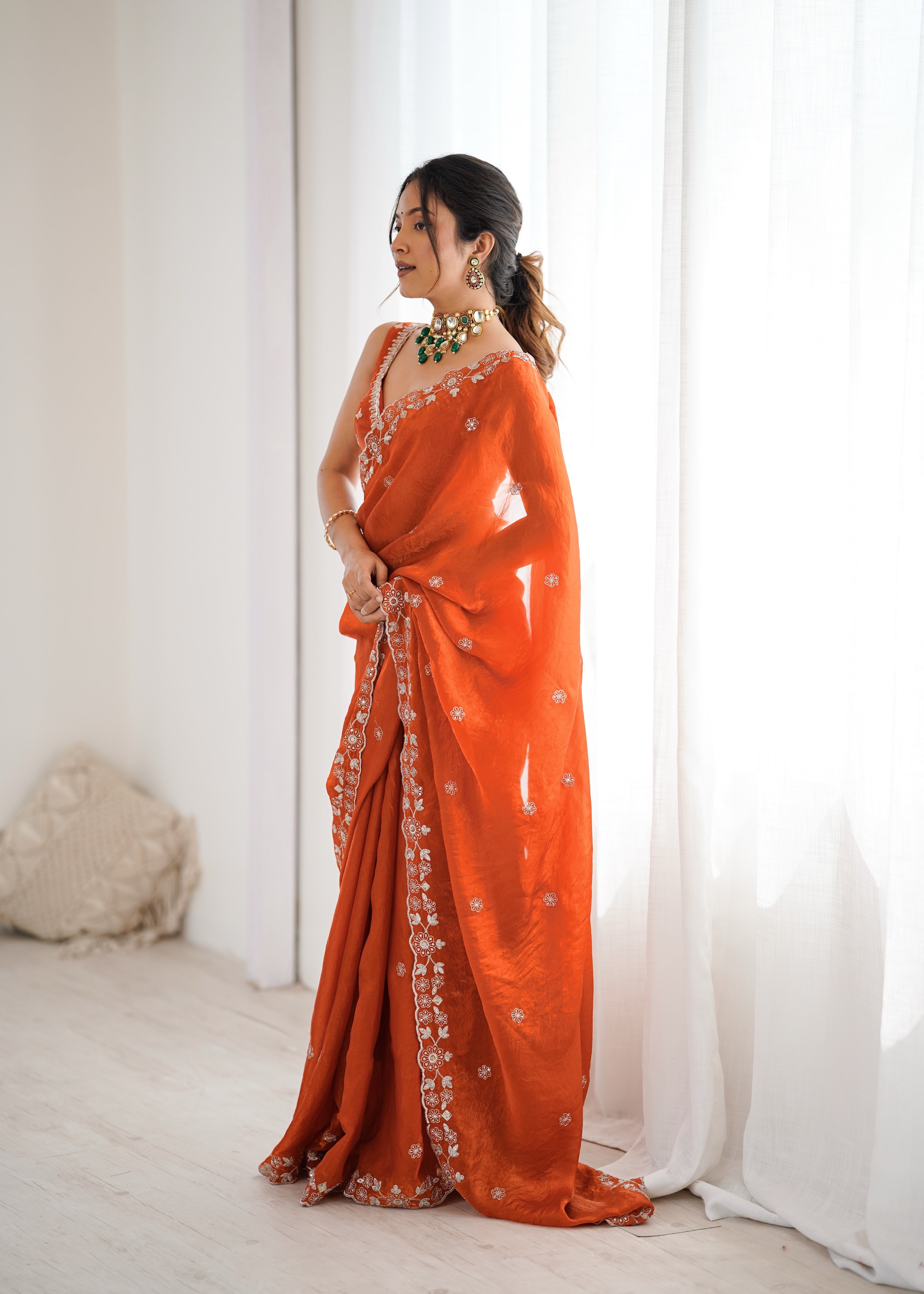 Elegant Orange Embroidered Saree with Designer Blouse – Festive & Wedding Wear