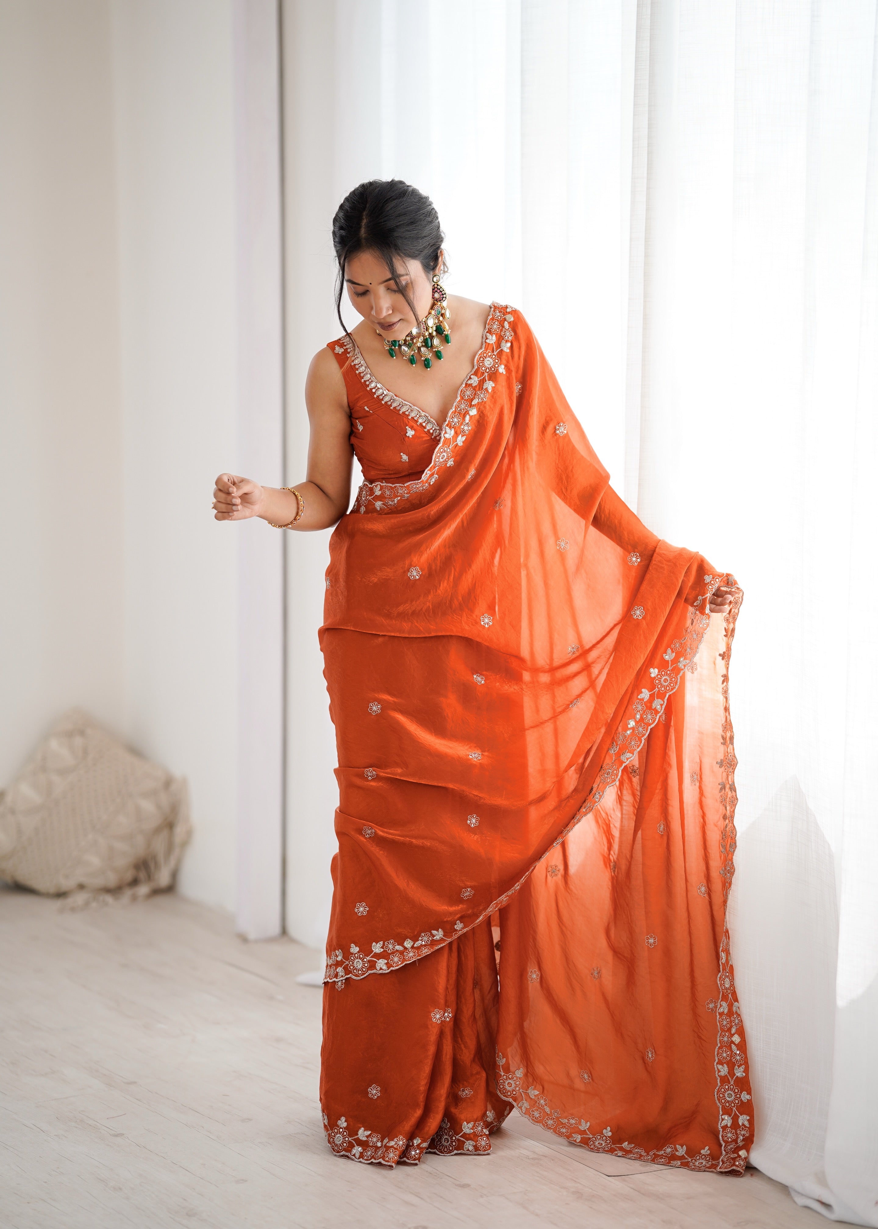 Elegant Orange Embroidered Saree with Designer Blouse – Festive & Wedding Wear