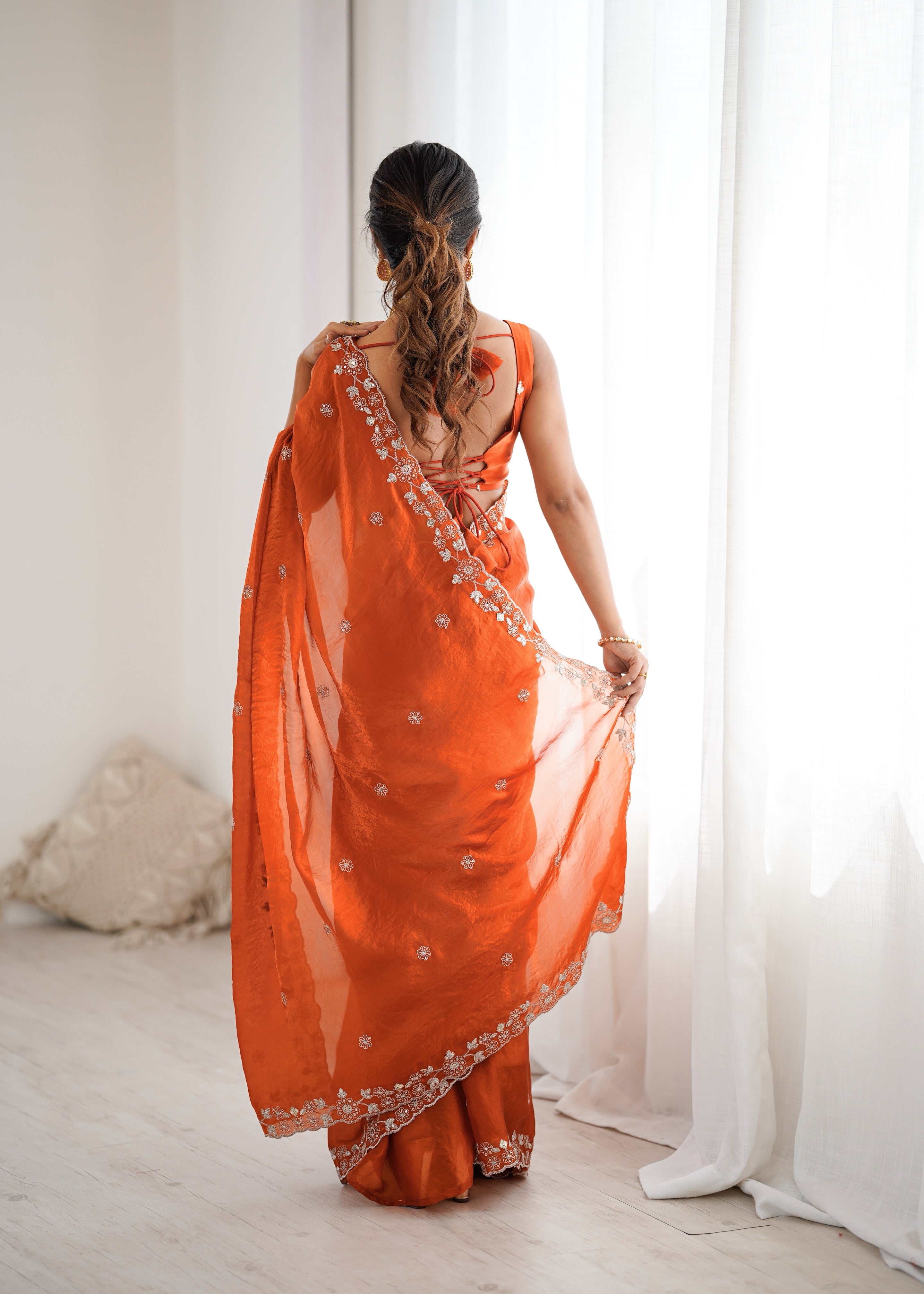 Elegant Orange Embroidered Saree with Designer Blouse – Festive & Wedding Wear