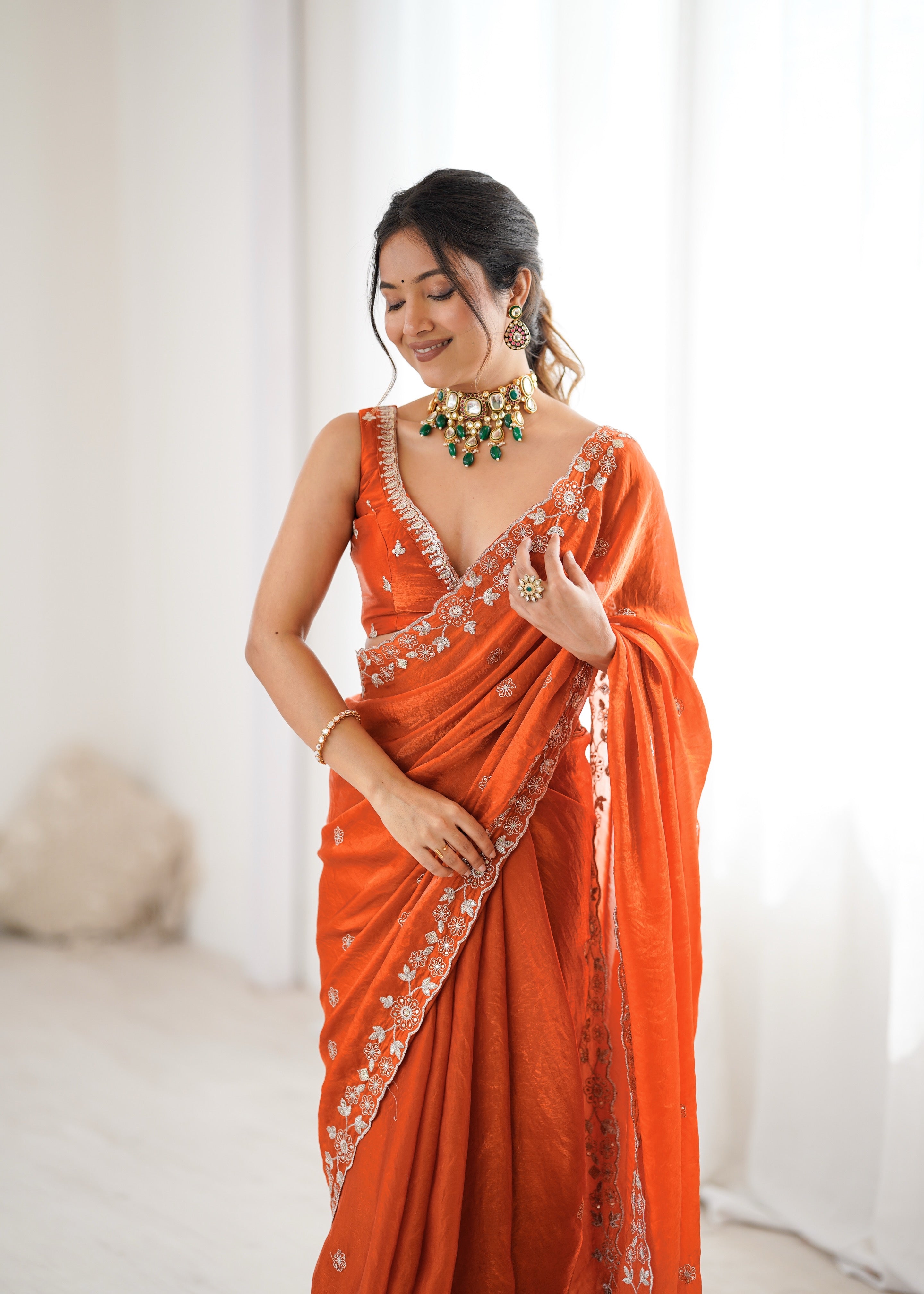 Elegant Orange Embroidered Saree with Designer Blouse – Festive & Wedding Wear