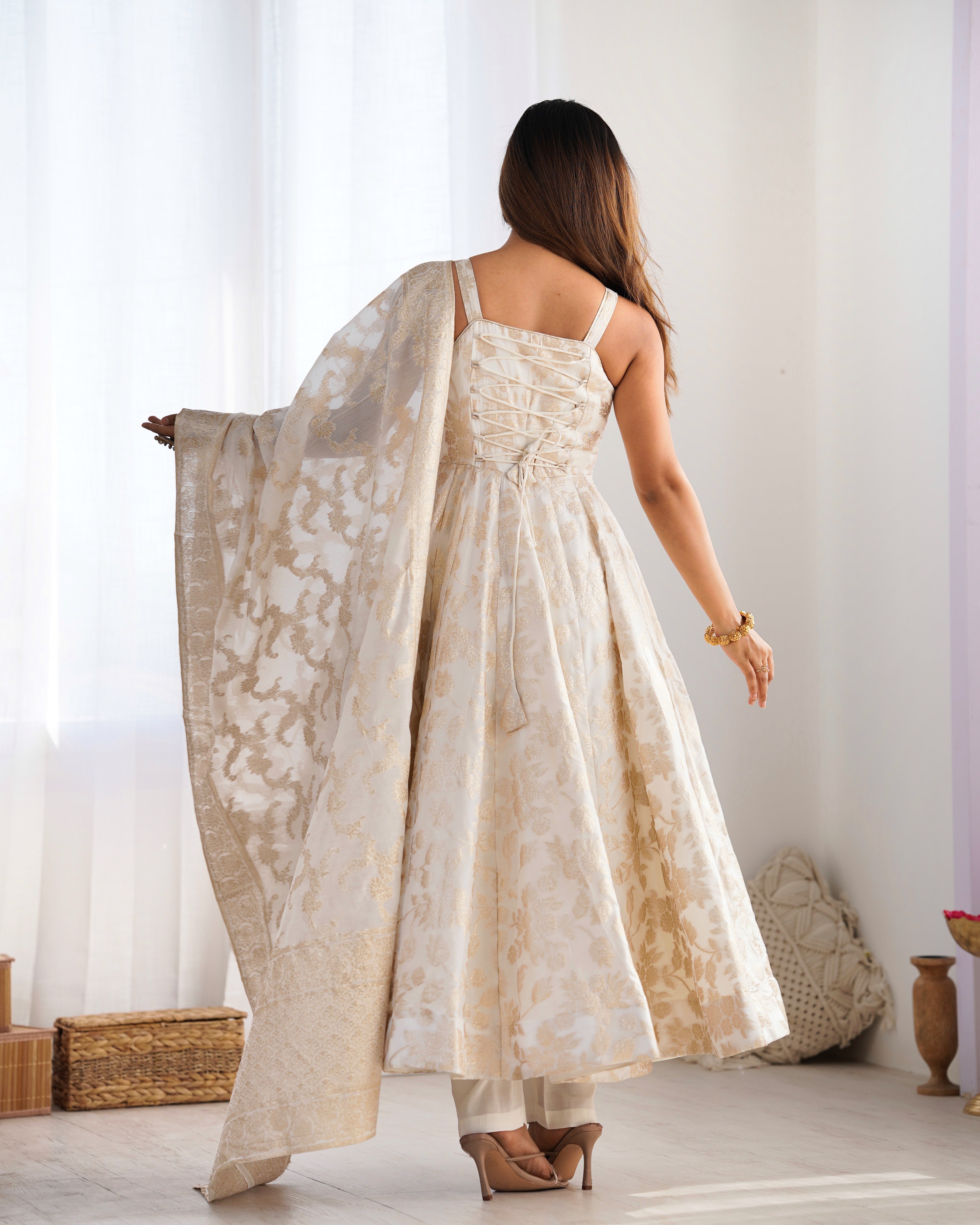 Classic Anarkali Suit Set with Banarasi Jacquard Work | Festive Kali Pattern Gown with Dupatta and Pant Set