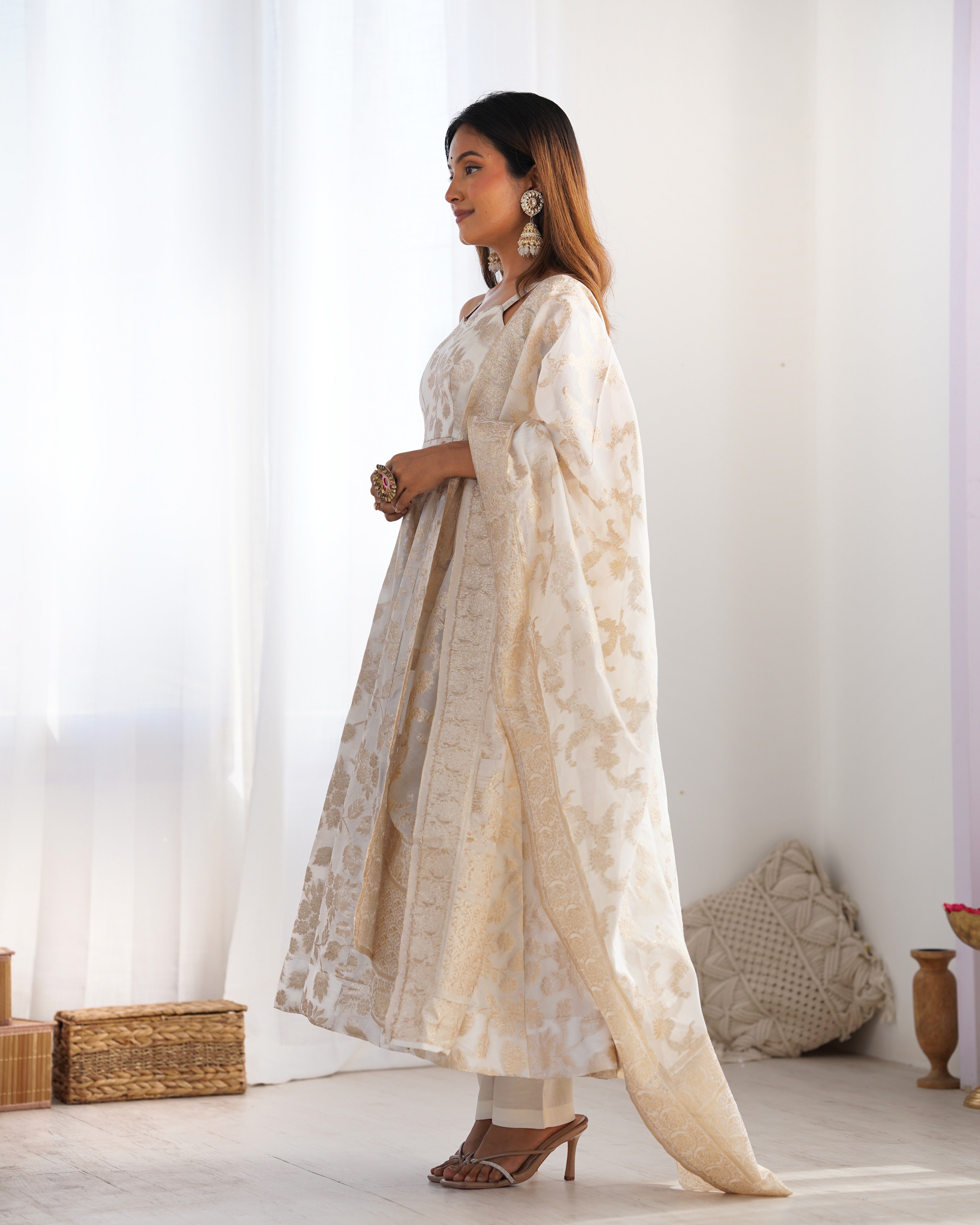 Classic Anarkali Suit Set with Banarasi Jacquard Work | Festive Kali Pattern Gown with Dupatta and Pant Set