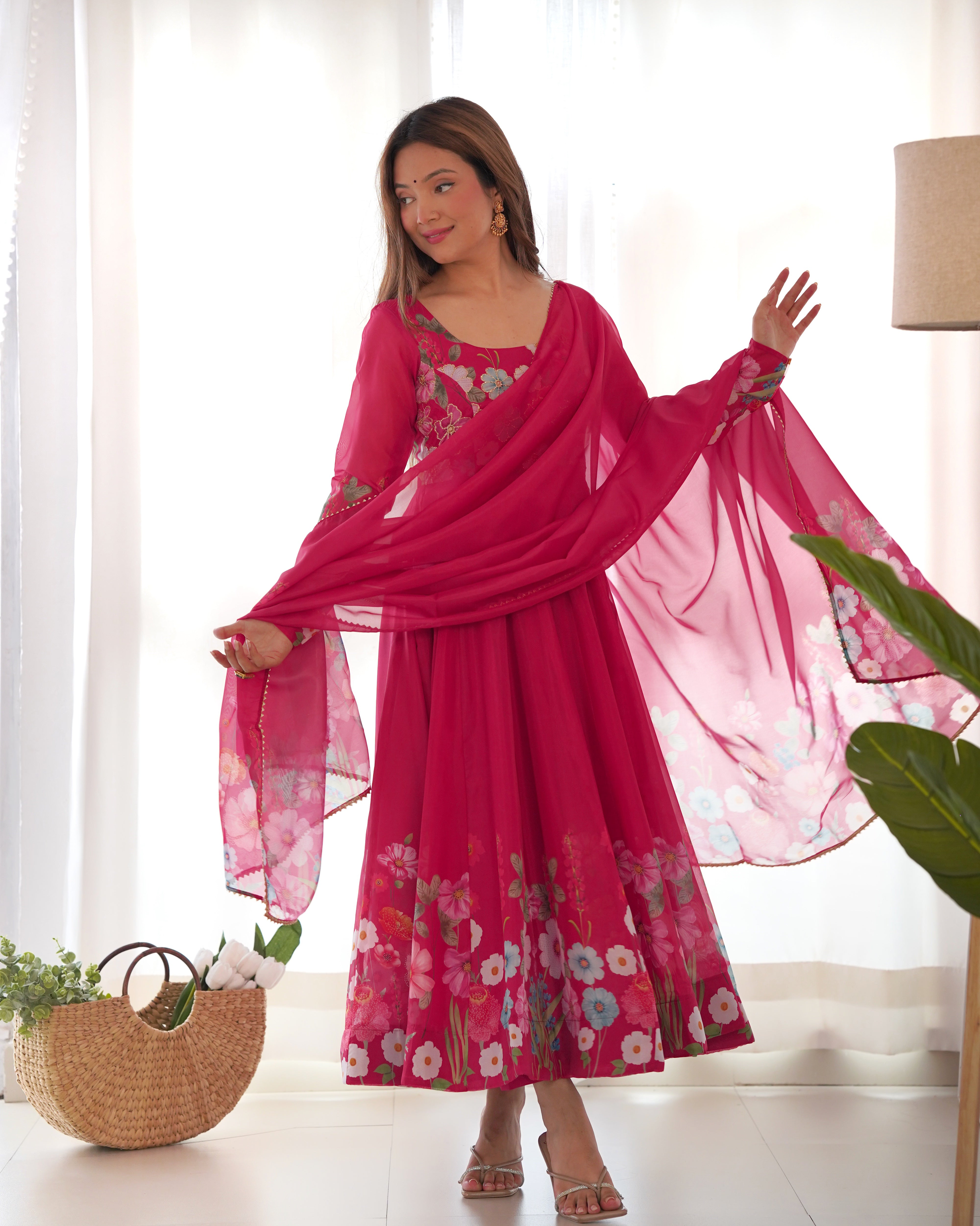 Lorenvalley Fashion Red Soft Organza Silk With Floral Print Fully Flared Anarkali Pant With Dupatta Set
