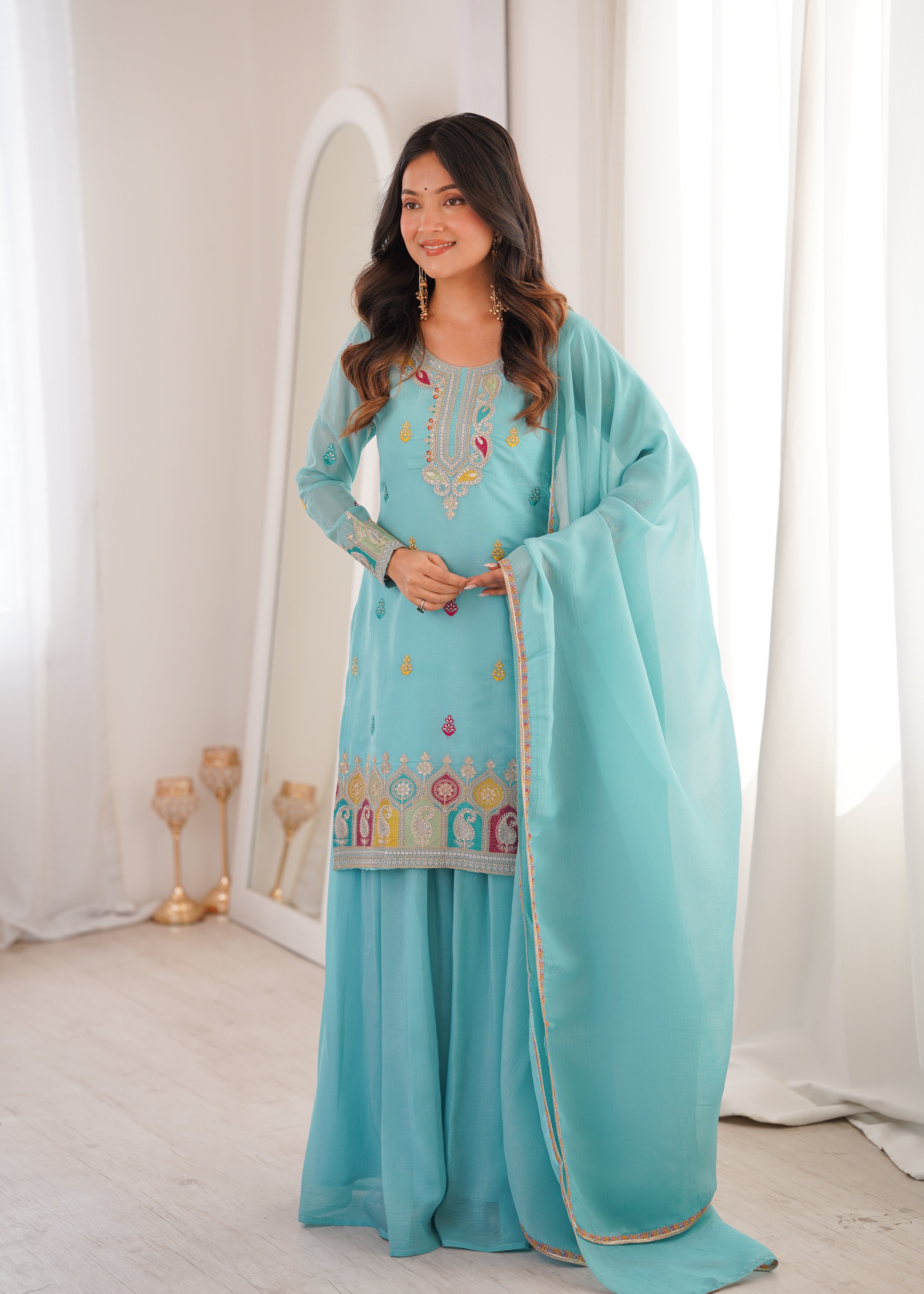 Women Embroidered Regular Kurta with Sharara & With Dupatta