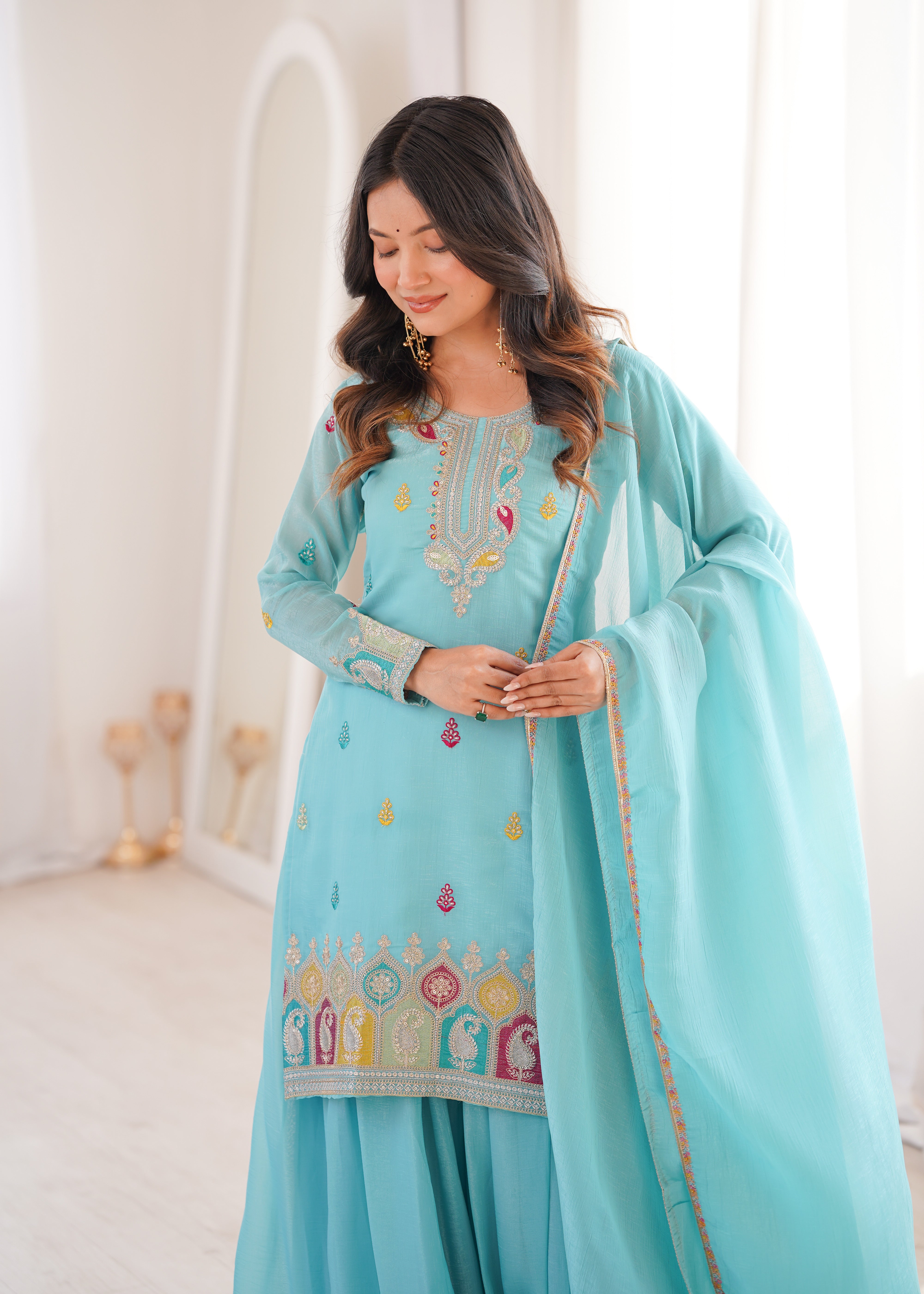 Women Embroidered Regular Kurta with Sharara & With Dupatta
