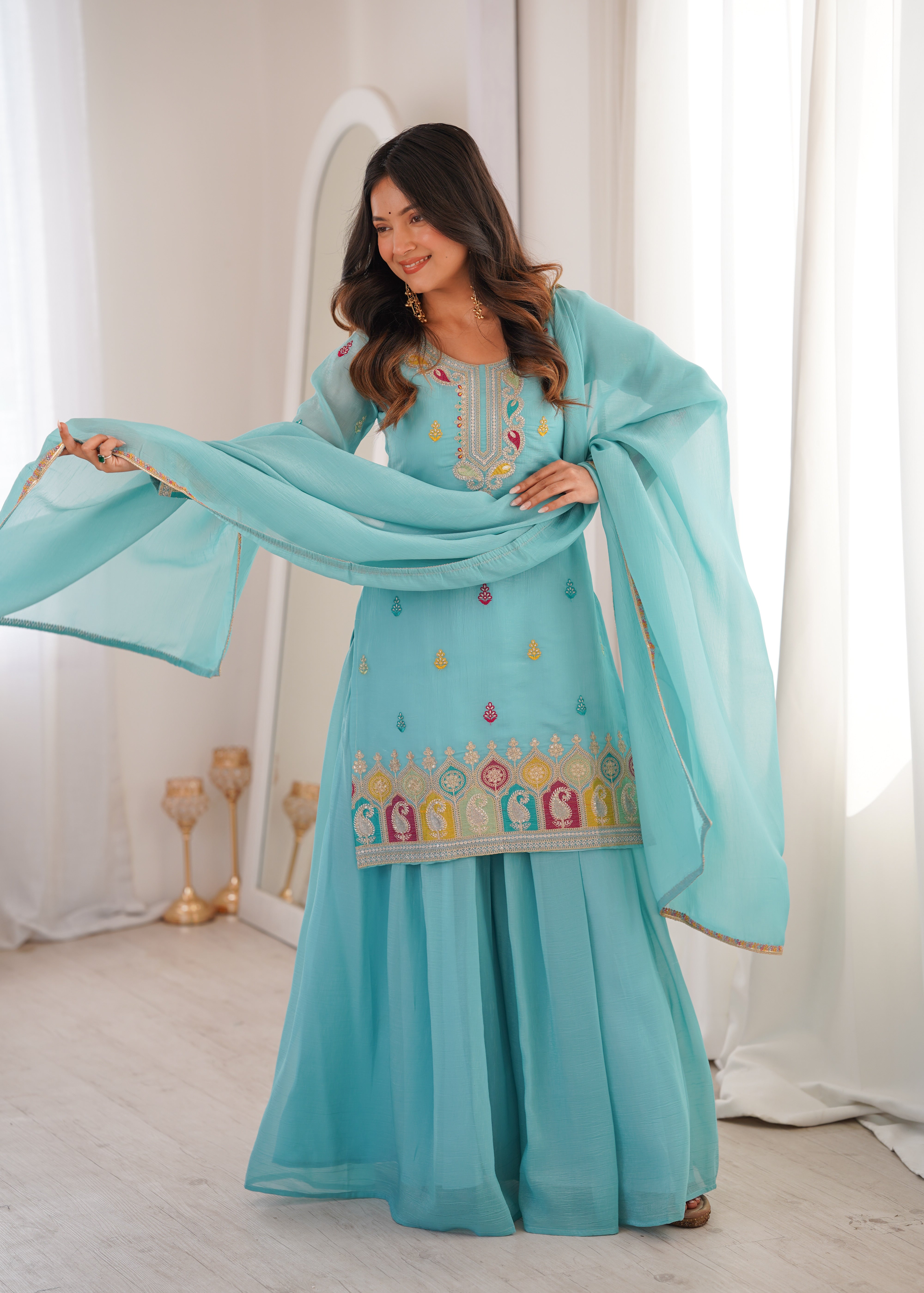 Women Embroidered Regular Kurta with Sharara & With Dupatta