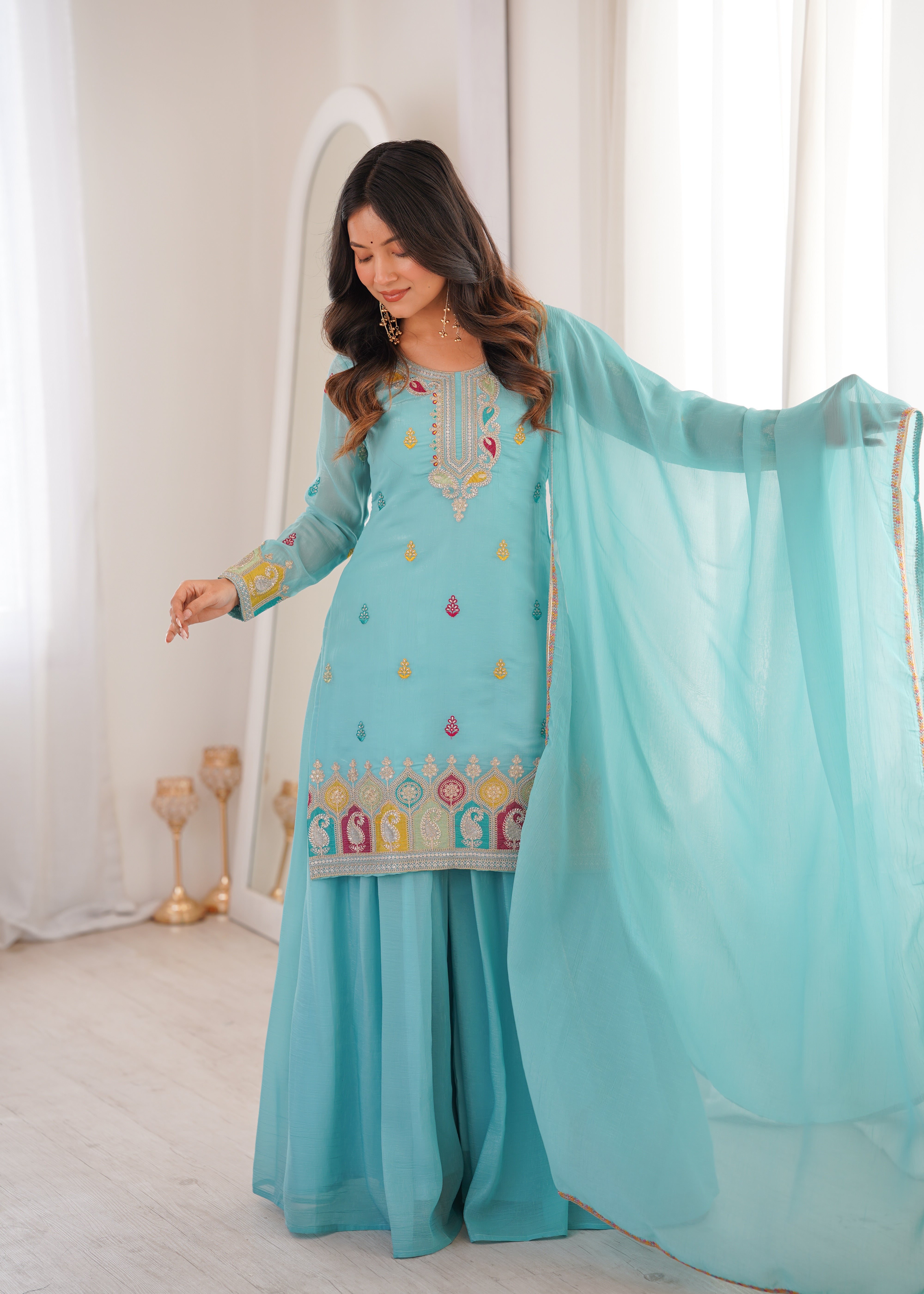 Women Embroidered Regular Kurta with Sharara & With Dupatta