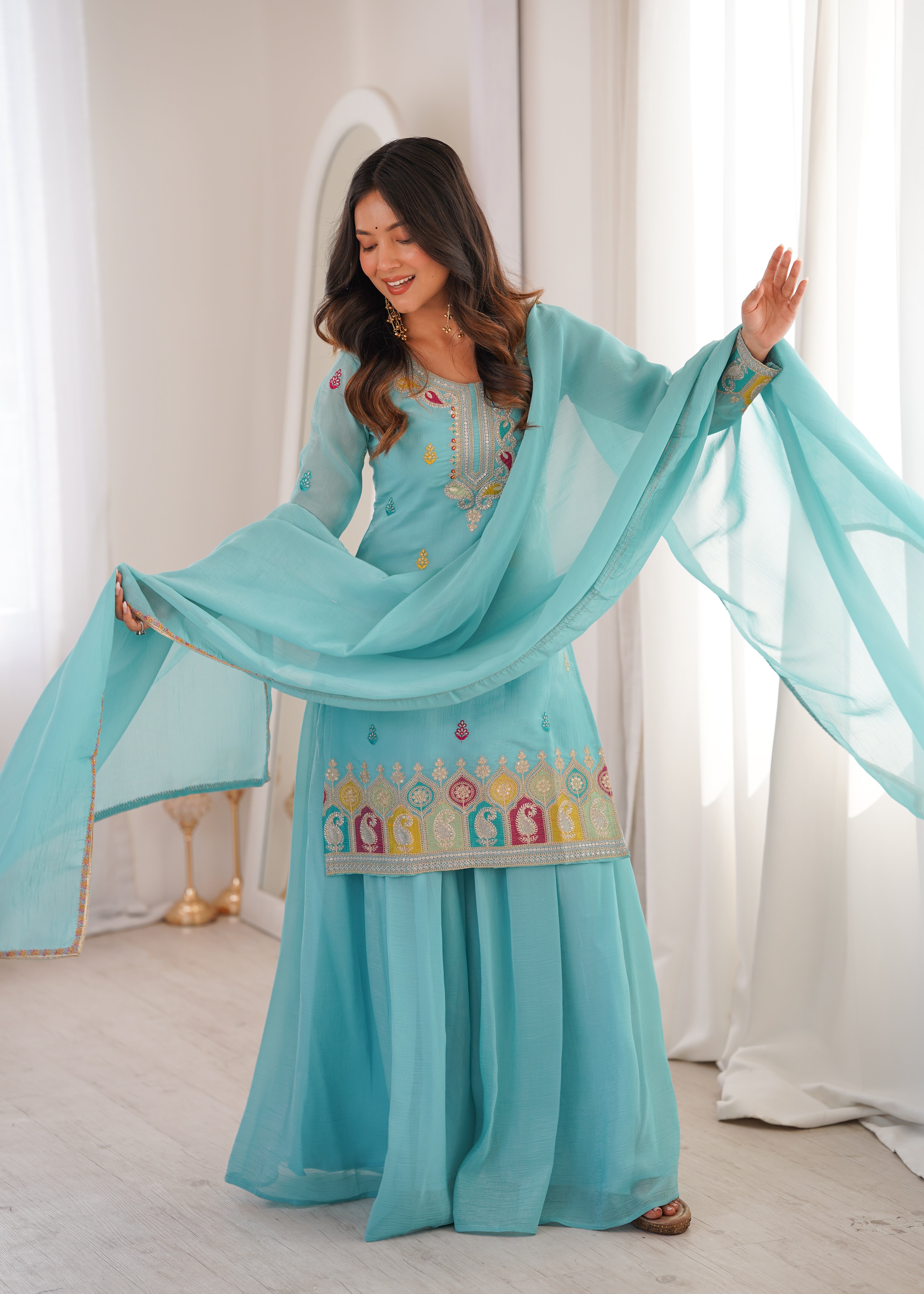 Women Embroidered Regular Kurta with Sharara & With Dupatta