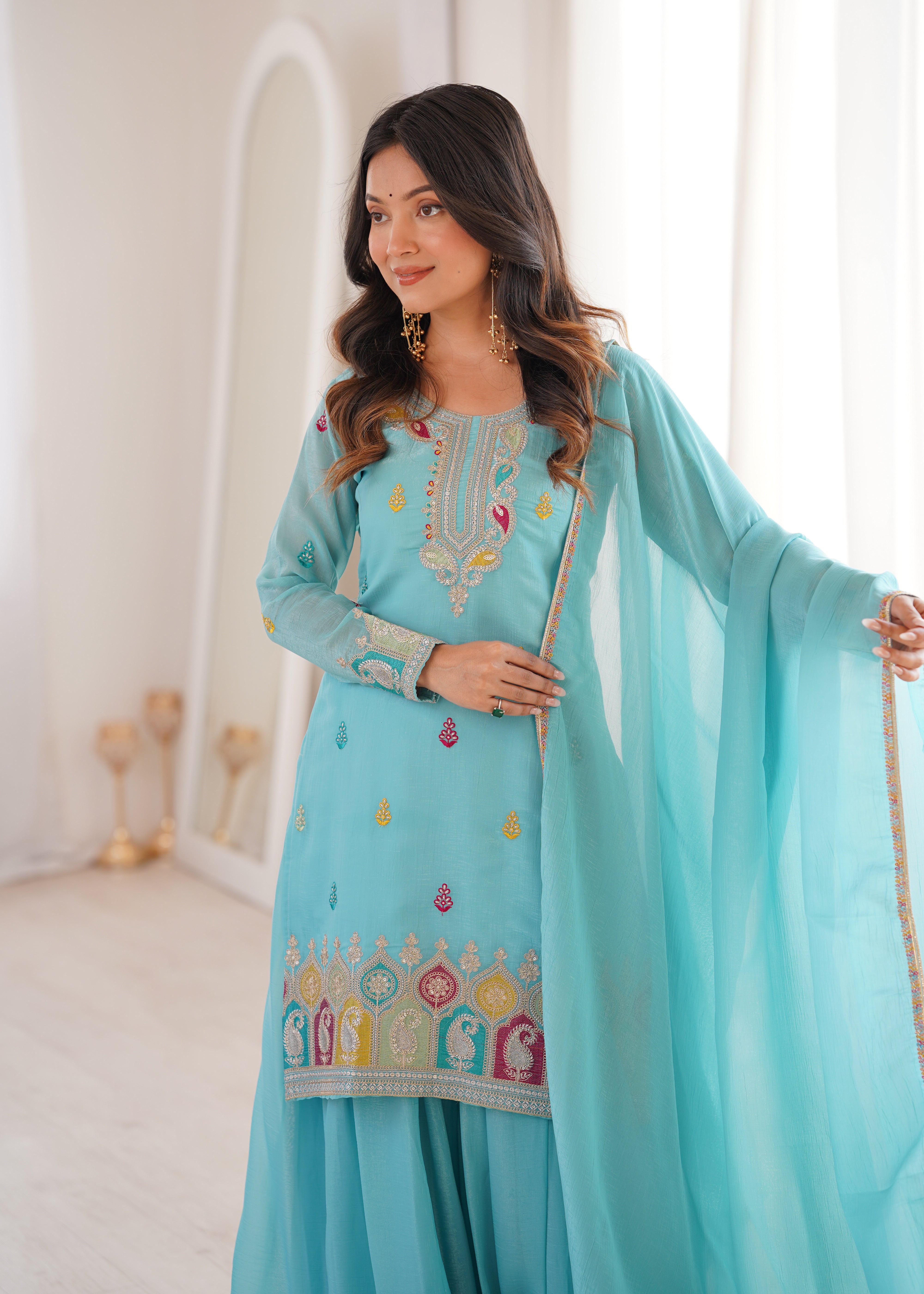 Women Embroidered Regular Kurta with Sharara & With Dupatta