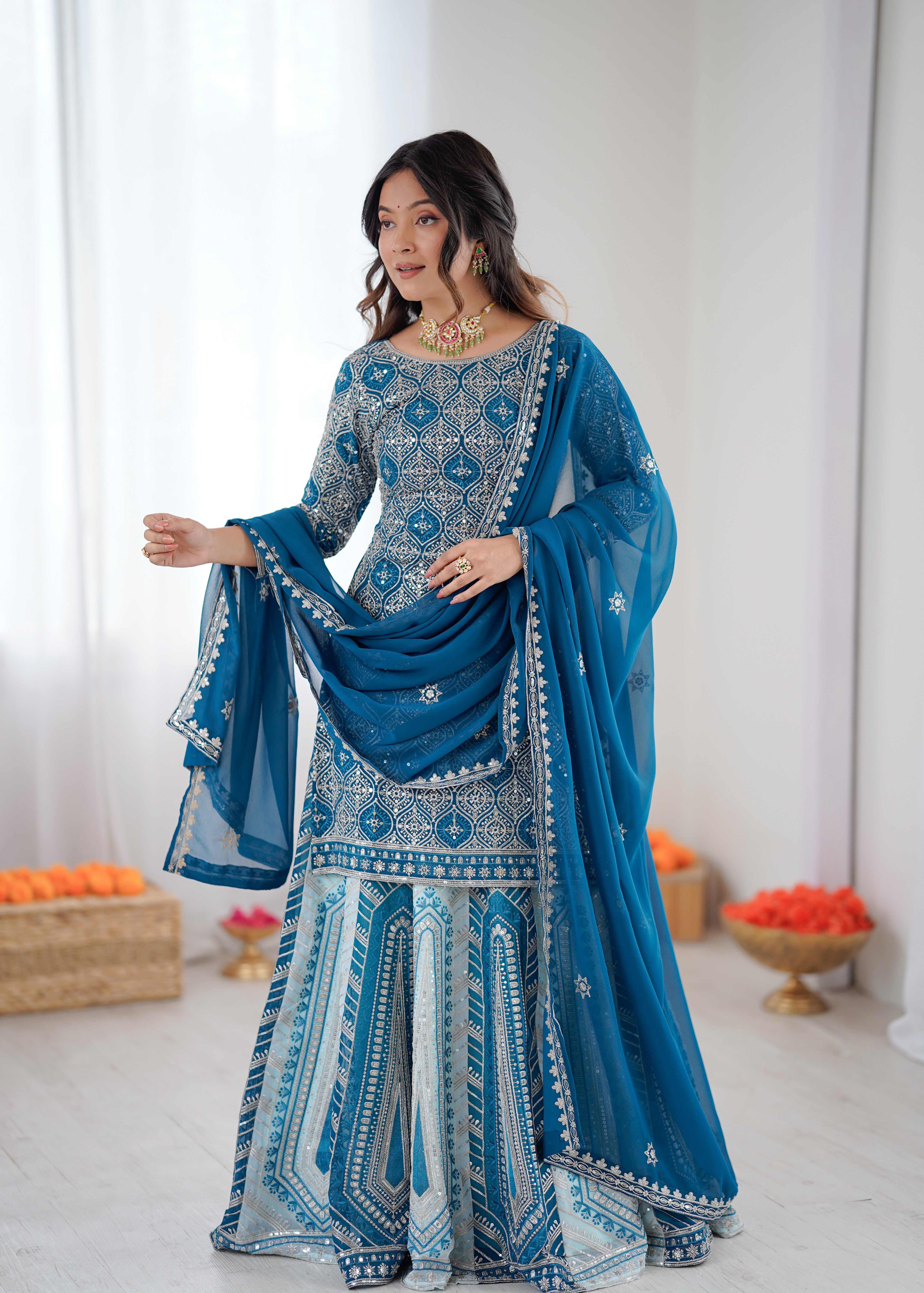 Teal Blue Embroidered Lehenga Set with Elegant Dupatta