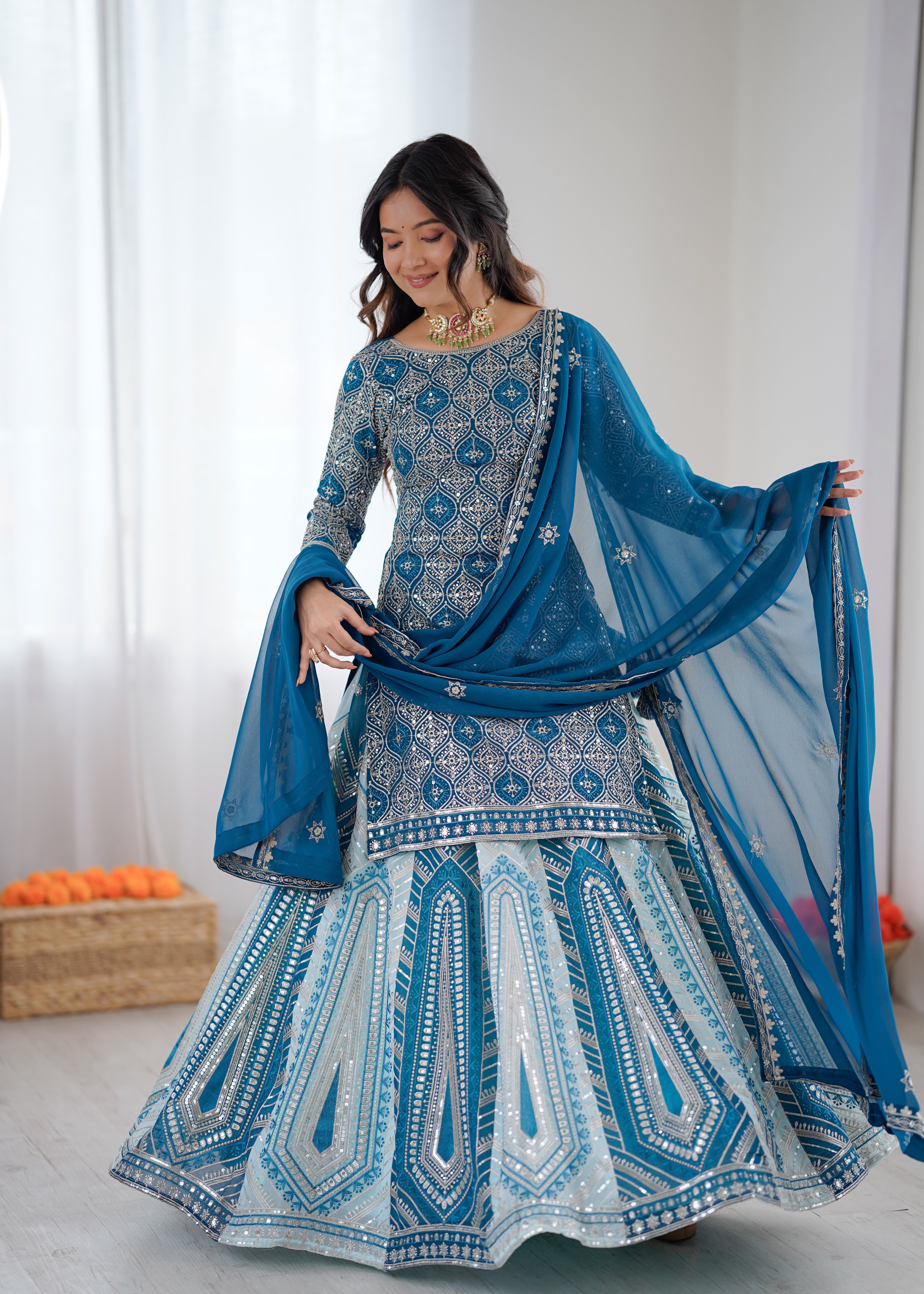 Teal Blue Embroidered Lehenga Set with Elegant Dupatta