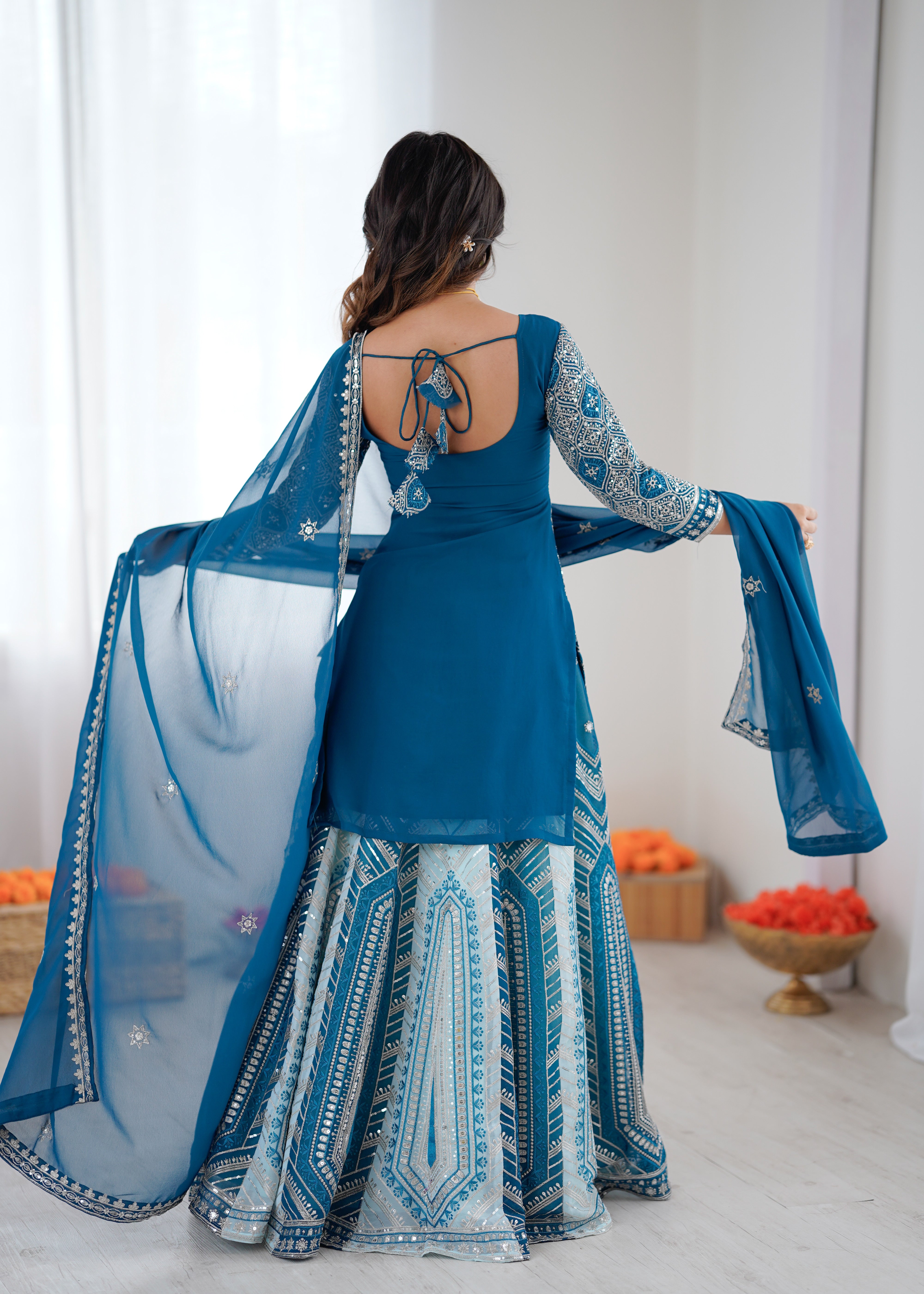 Teal Blue Embroidered Lehenga Set with Elegant Dupatta