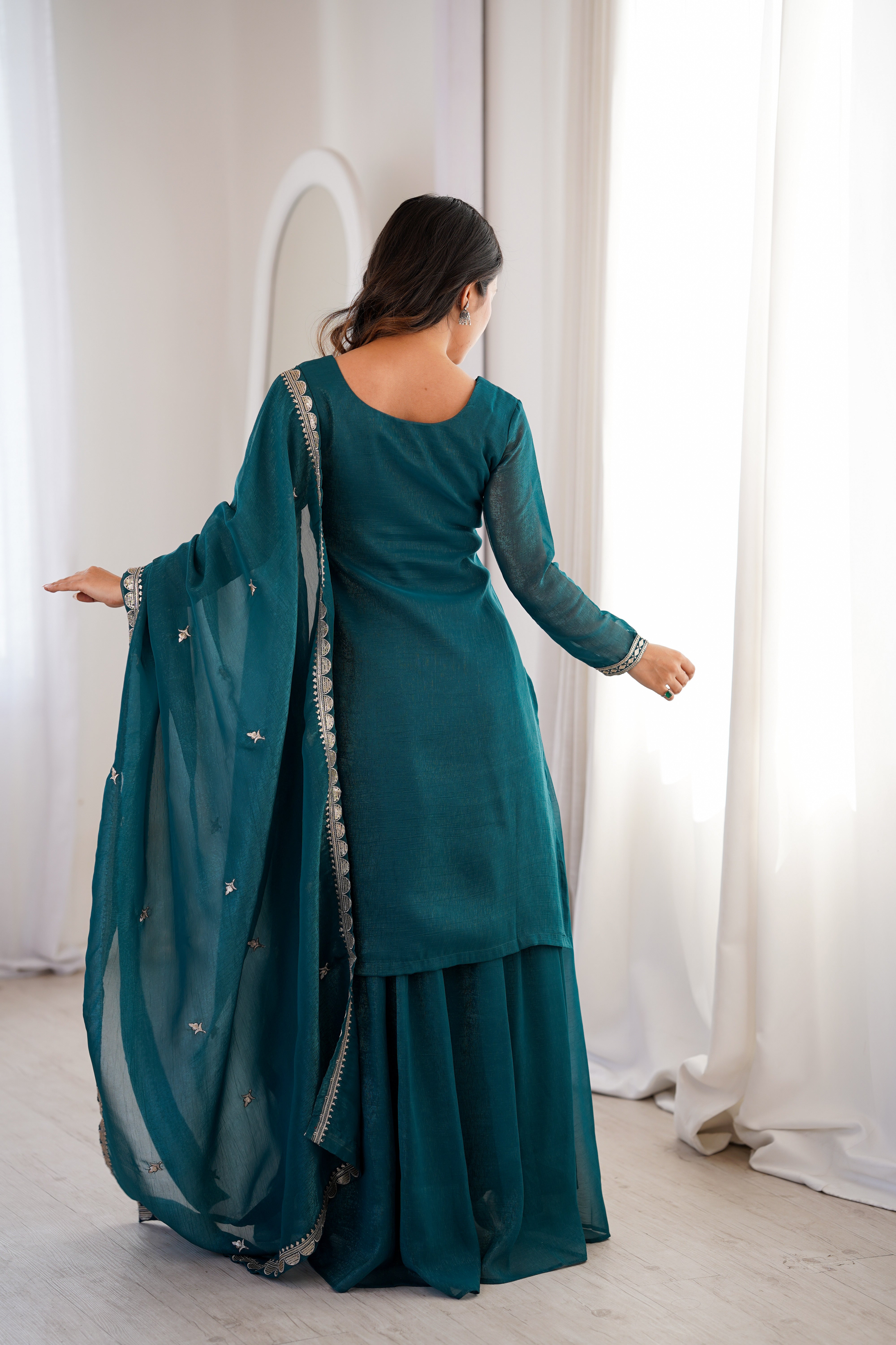 PURE SOFT CRUNCHY SILK FABRIC TOP,SHARARA WITH DUPATTA SET READY TO WEAR