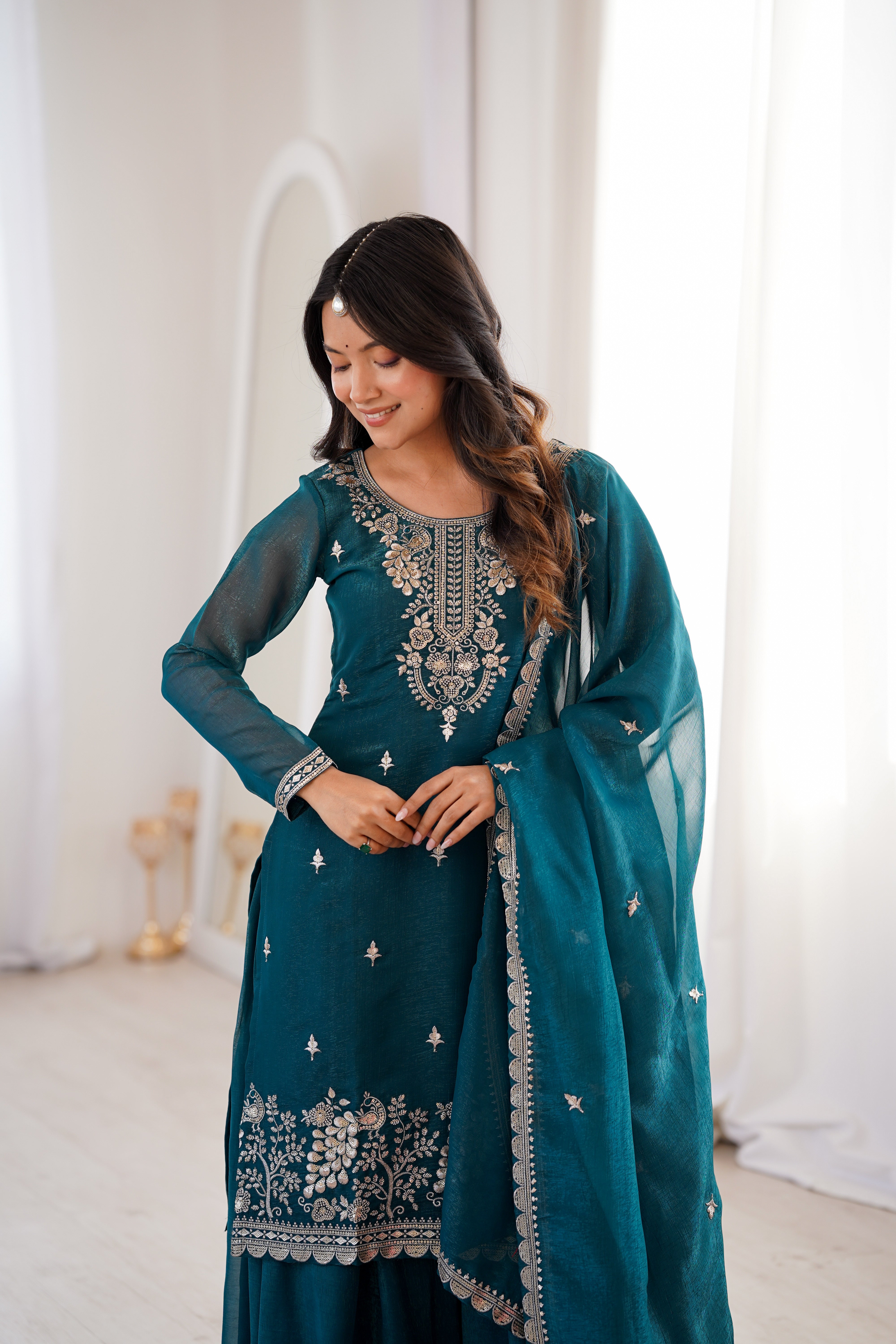 PURE SOFT CRUNCHY SILK FABRIC TOP,SHARARA WITH DUPATTA SET READY TO WEAR