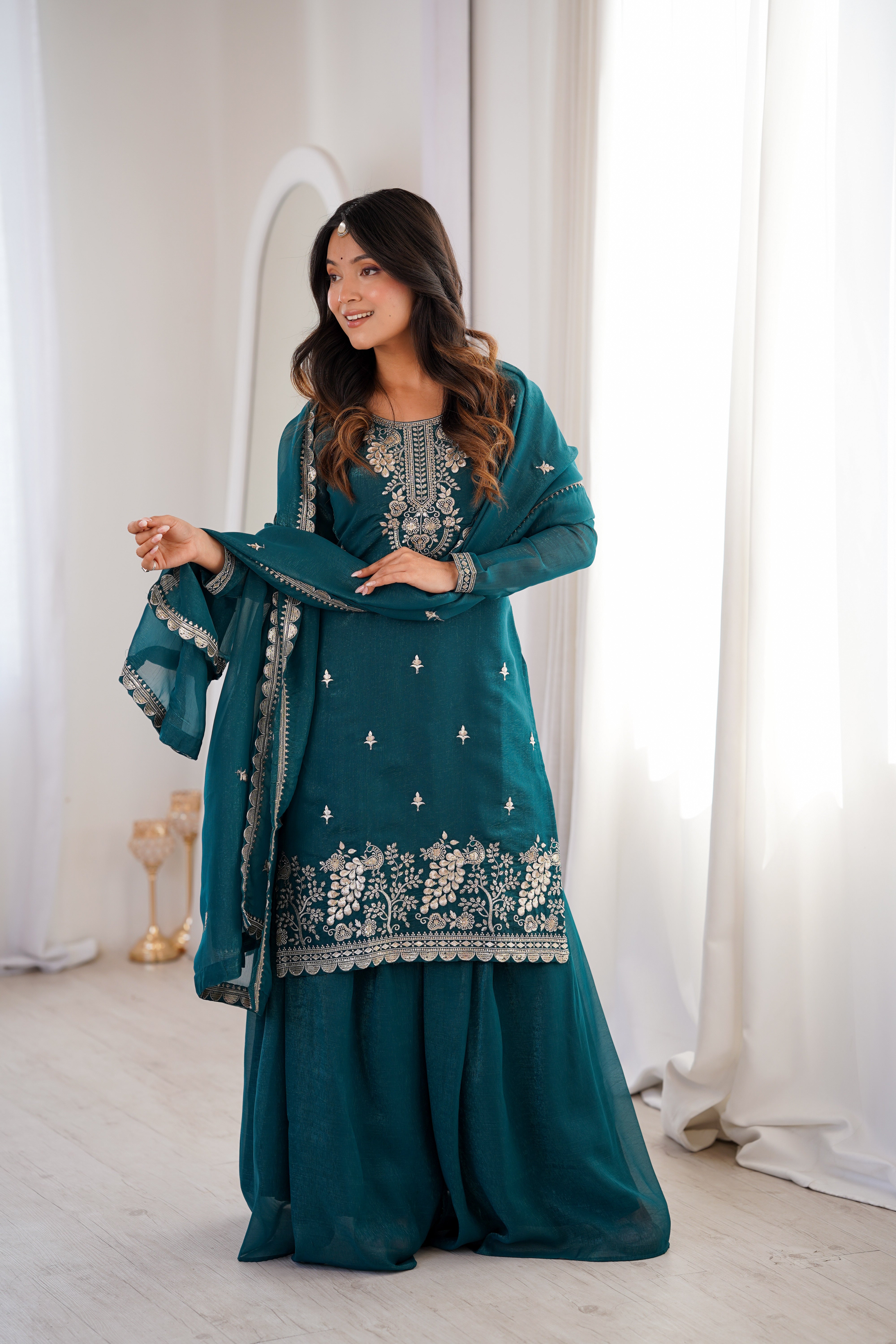 PURE SOFT CRUNCHY SILK FABRIC TOP,SHARARA WITH DUPATTA SET READY TO WEAR