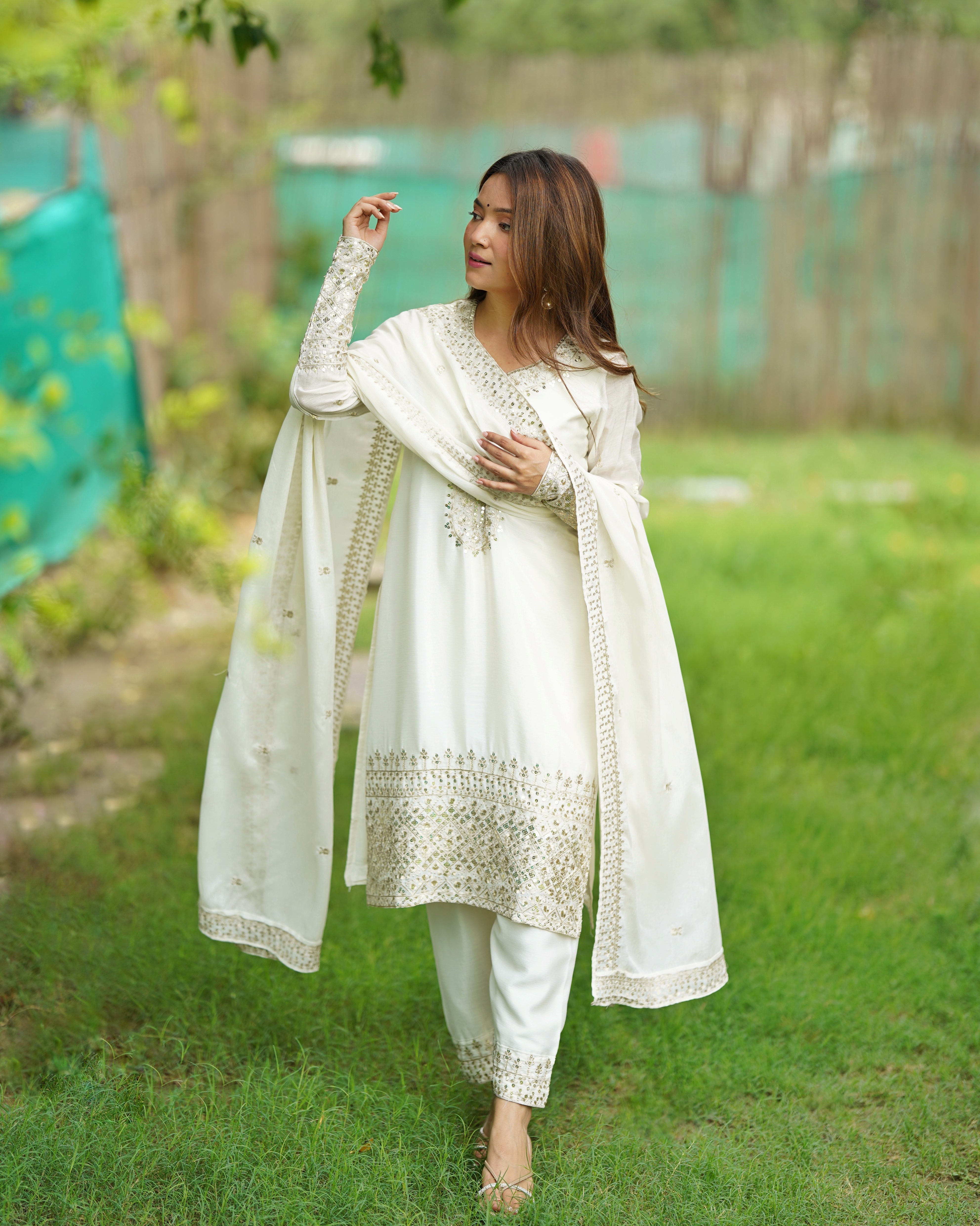 White Exquisite Pure Chinon Silk Kurta Set with Dupatta – Embroidered & Ready to Wear