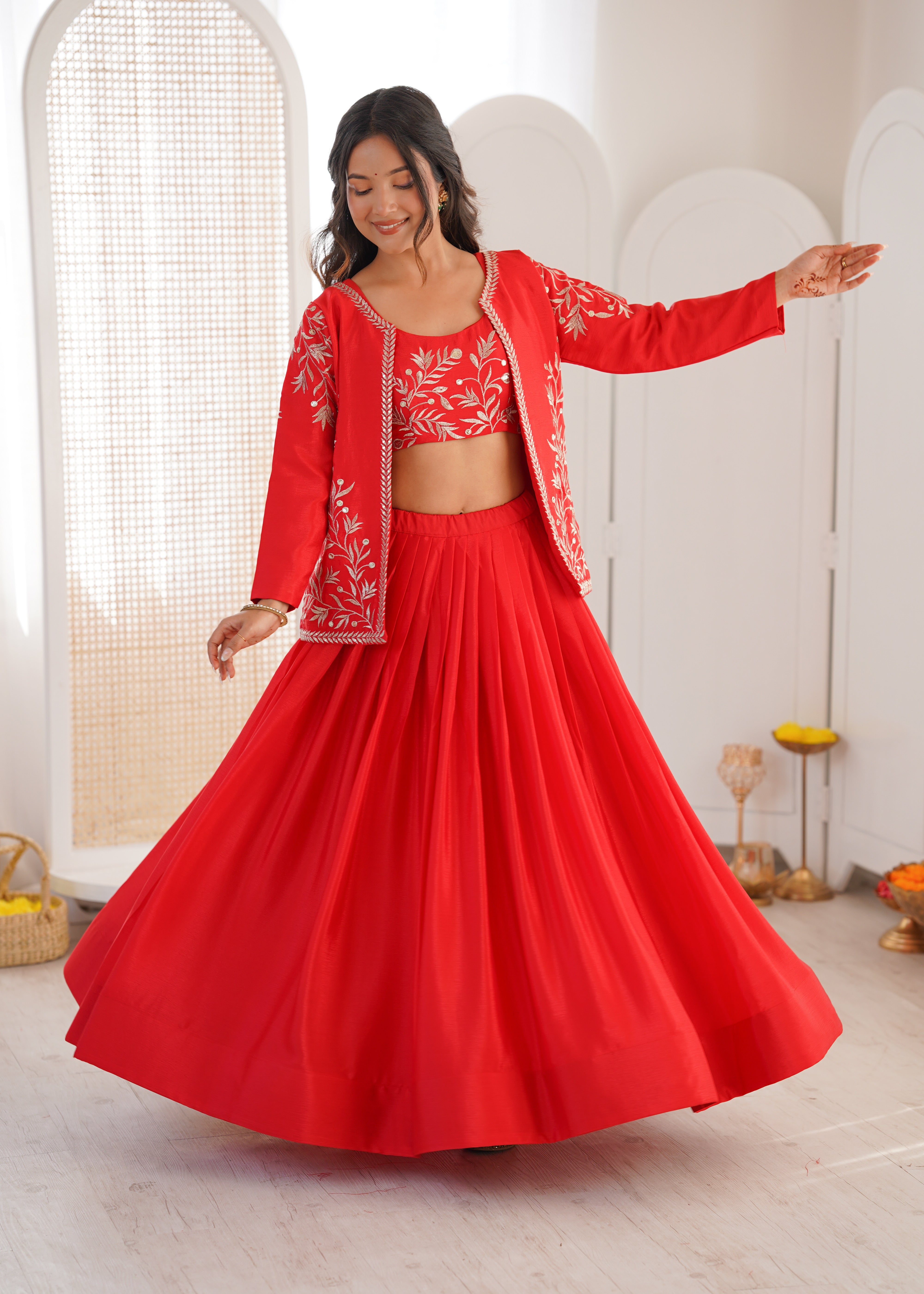 Crimson Embroidered Lehenga Set with Statement Jacket