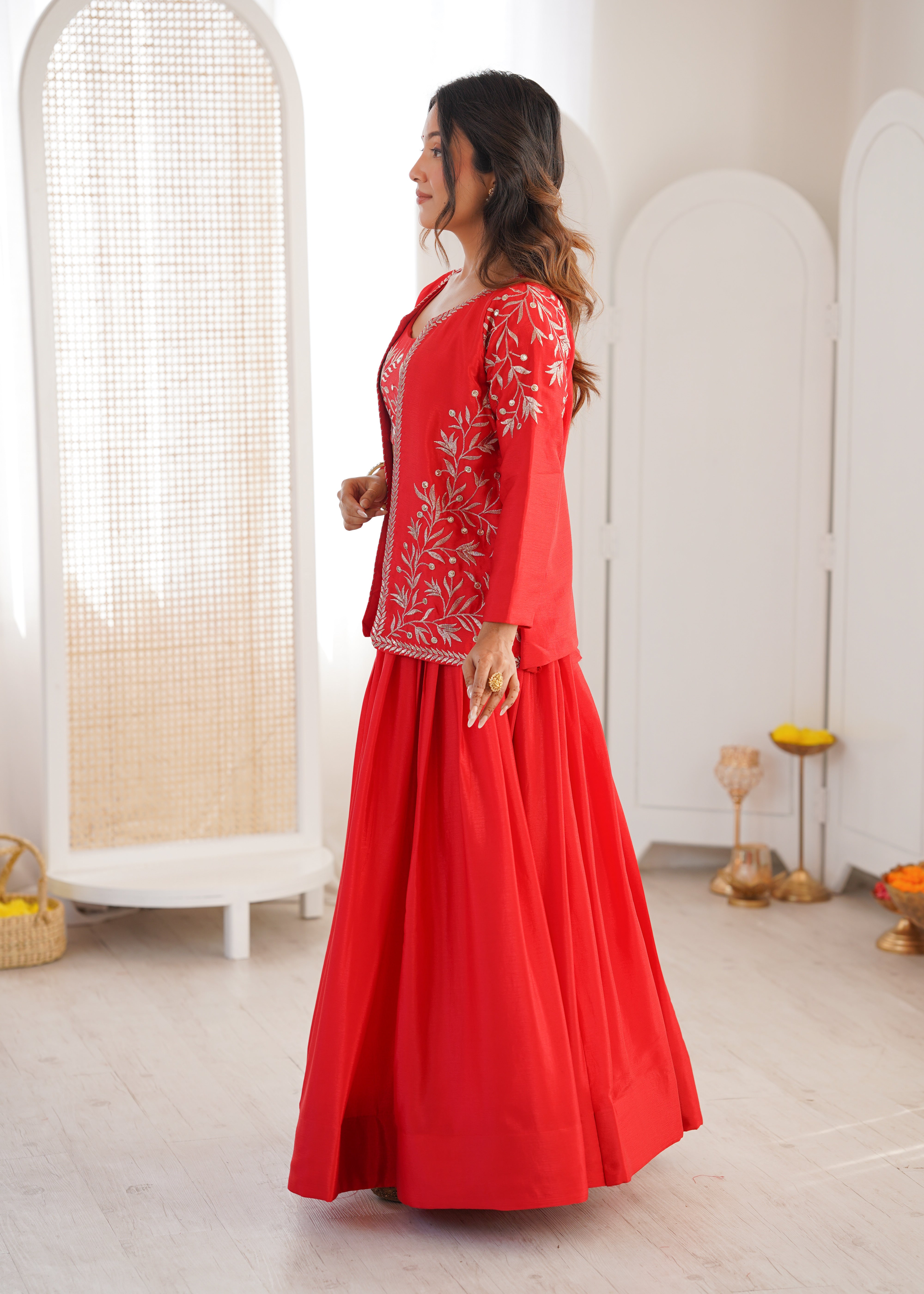 Crimson Embroidered Lehenga Set with Statement Jacket