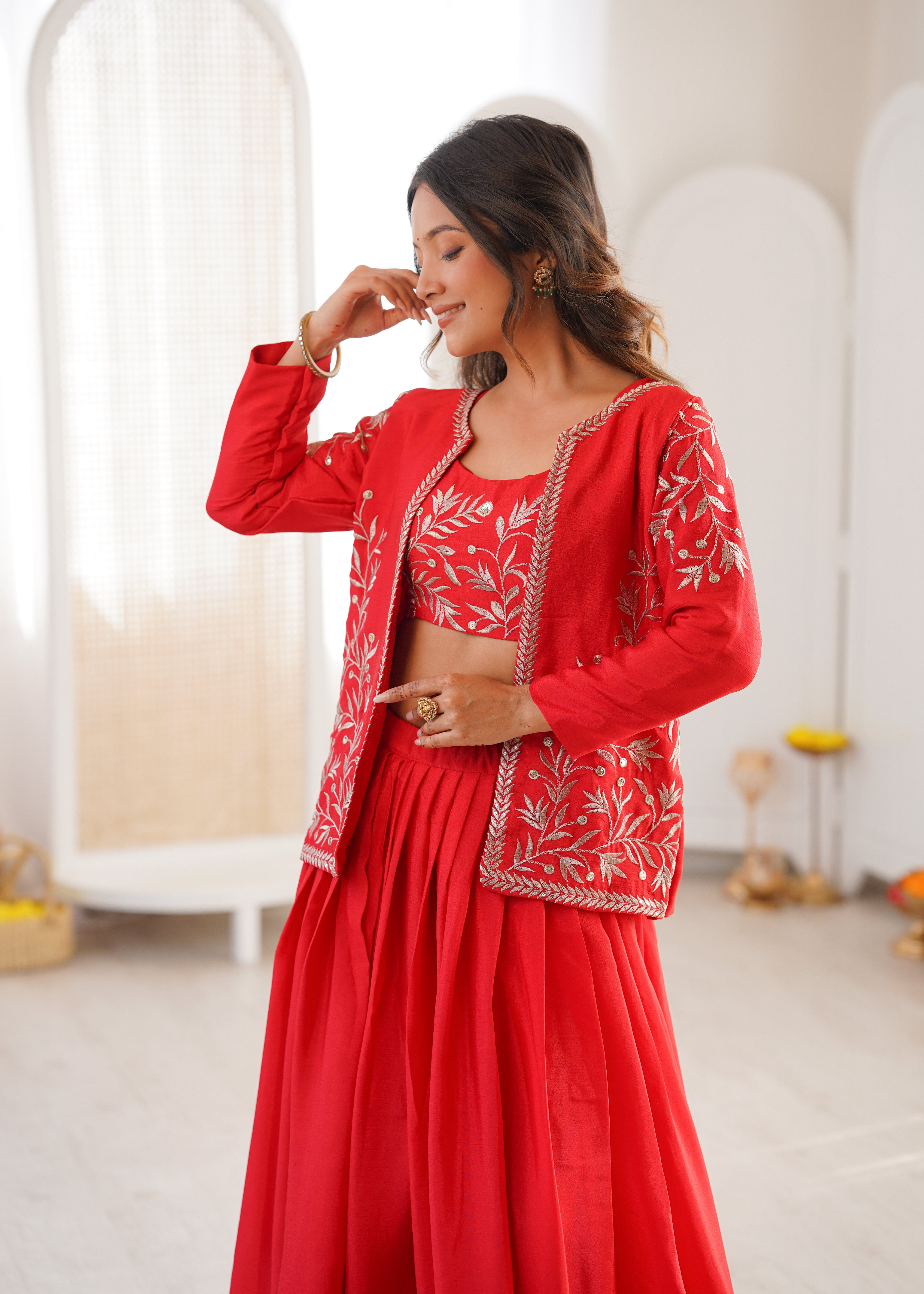 Crimson Embroidered Lehenga Set with Statement Jacket