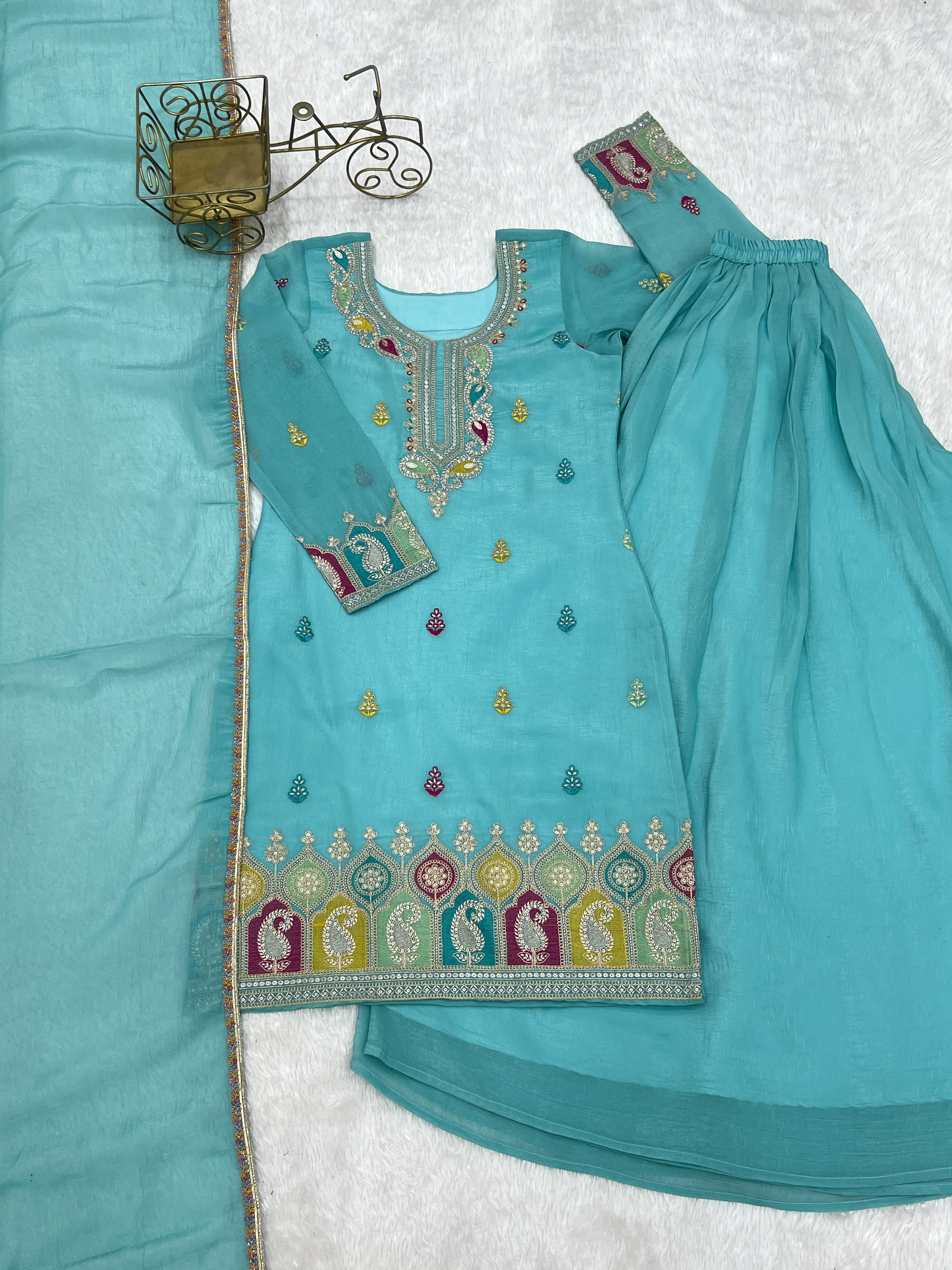 Women Embroidered Regular Kurta with Sharara & With Dupatta