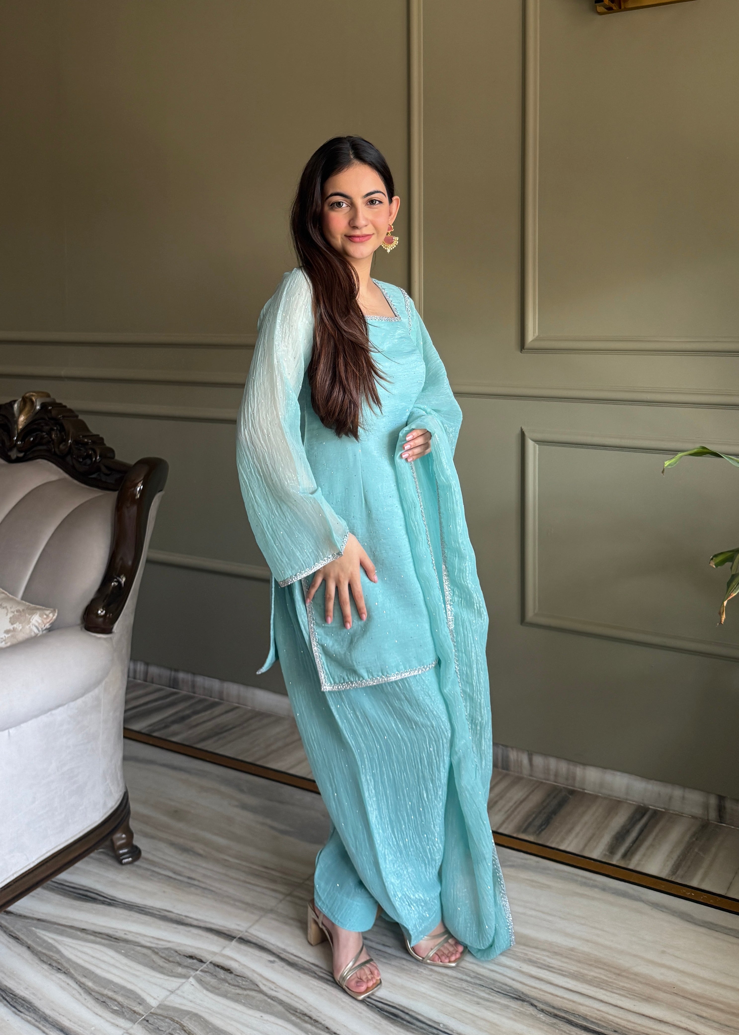 SHOWOFF Women's Empire Anarkali Beads and Stones Pink Floral Kurta and Sharara Comes with Dupatta